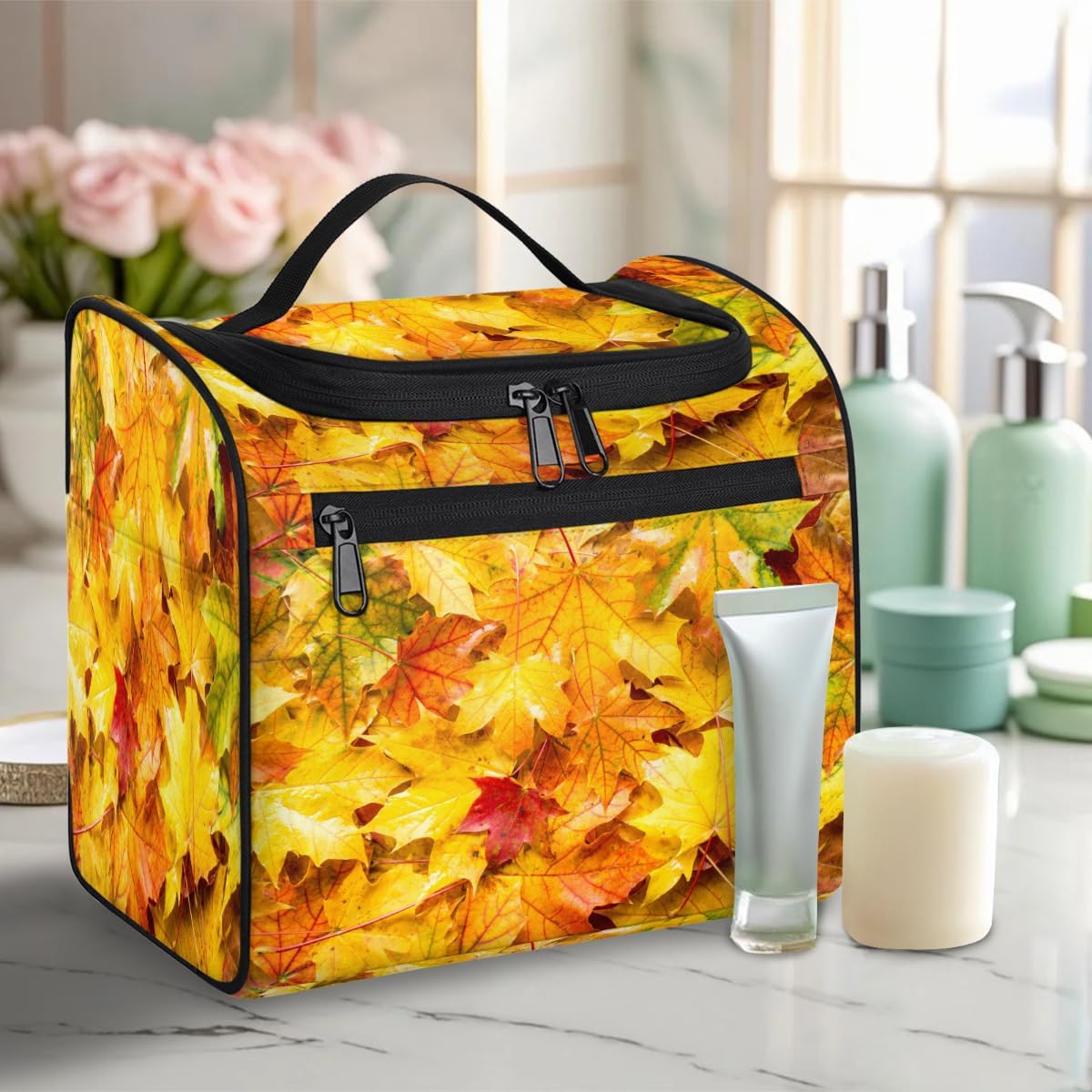 cfpolar Toiletry Bag for Women, Autumn Maple Leaves Hanging Travel Toiletry Bag, Water-resistant Cosmetic Makeup Organizer for Toiletries and Cosmetics, Bathroom Shower Bag with Handle and Hook