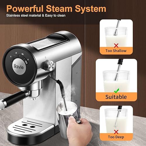 Miniatura 3 de Máquina de café expreso, máquina de café expreso con espumador de leche, mini cafetera de espresso automática de 20 bares, color plateado, cafetera