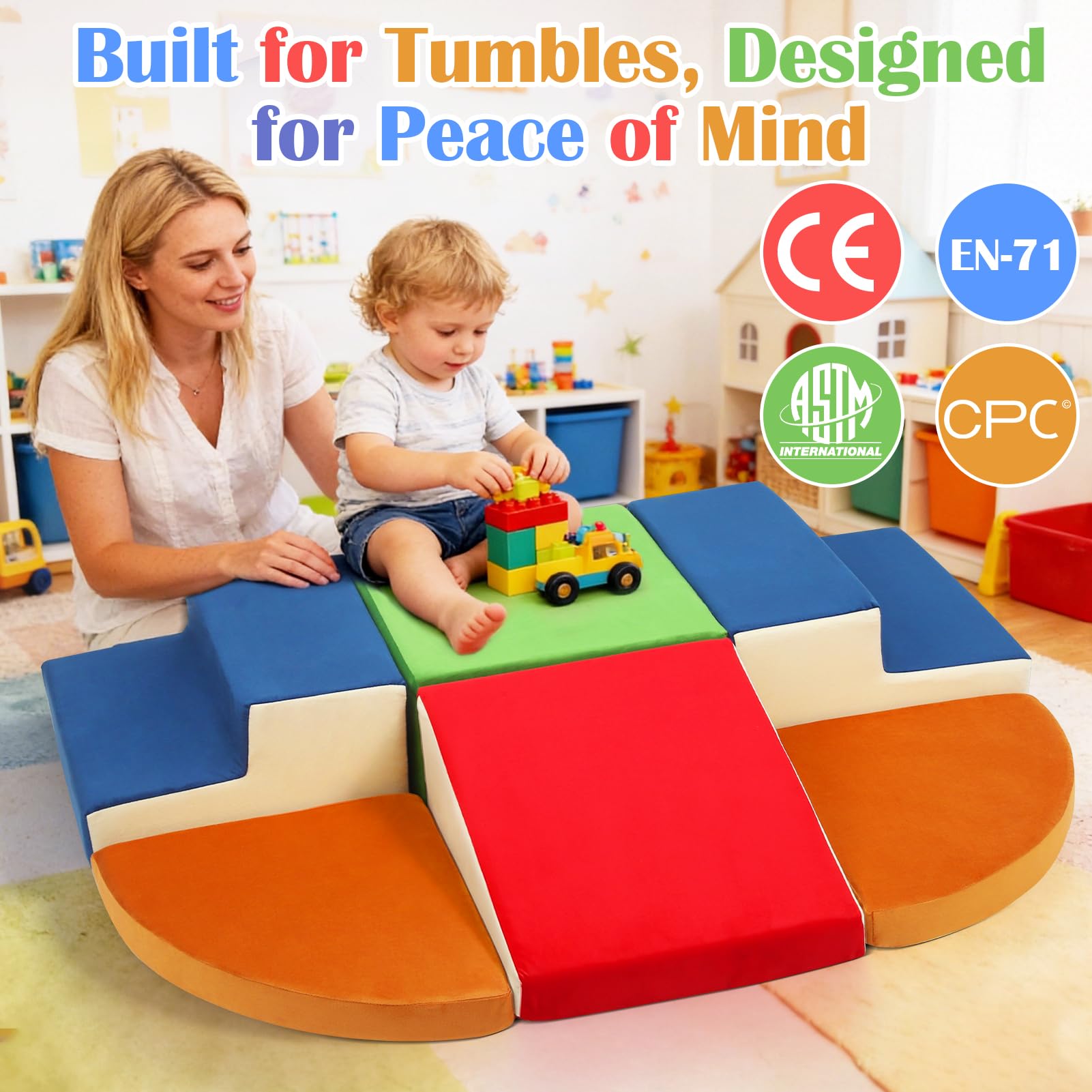 XIAPIA Lot de 6 Blocs de Construction en Mousse avec Tunnel de Jeu –Blocs Mousse Éducatifs Modulables–Parcours Motricité– Toboggans d'intérieur Lavable – Cadeau Anniversaire Noël