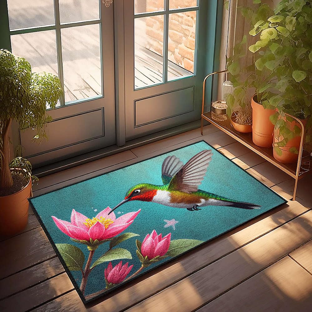 Grand paillasson colibri fleurs roses tapis d'automne d'exception
