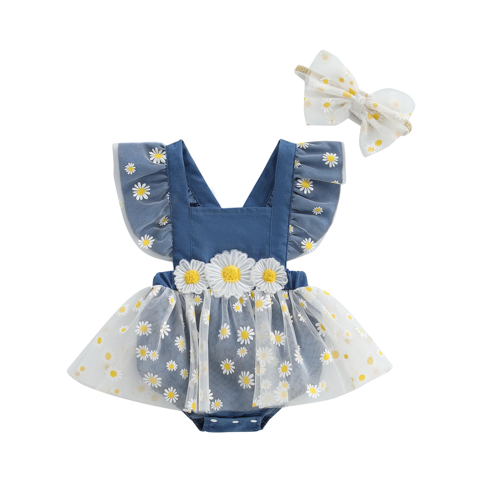 GINEVSAL Baby Girl Romper Dress Short Sleeve Daisy Embroidery Tulle Romper with Headband Set Newborn Summer Outfits (Blue, 3-6 Months)