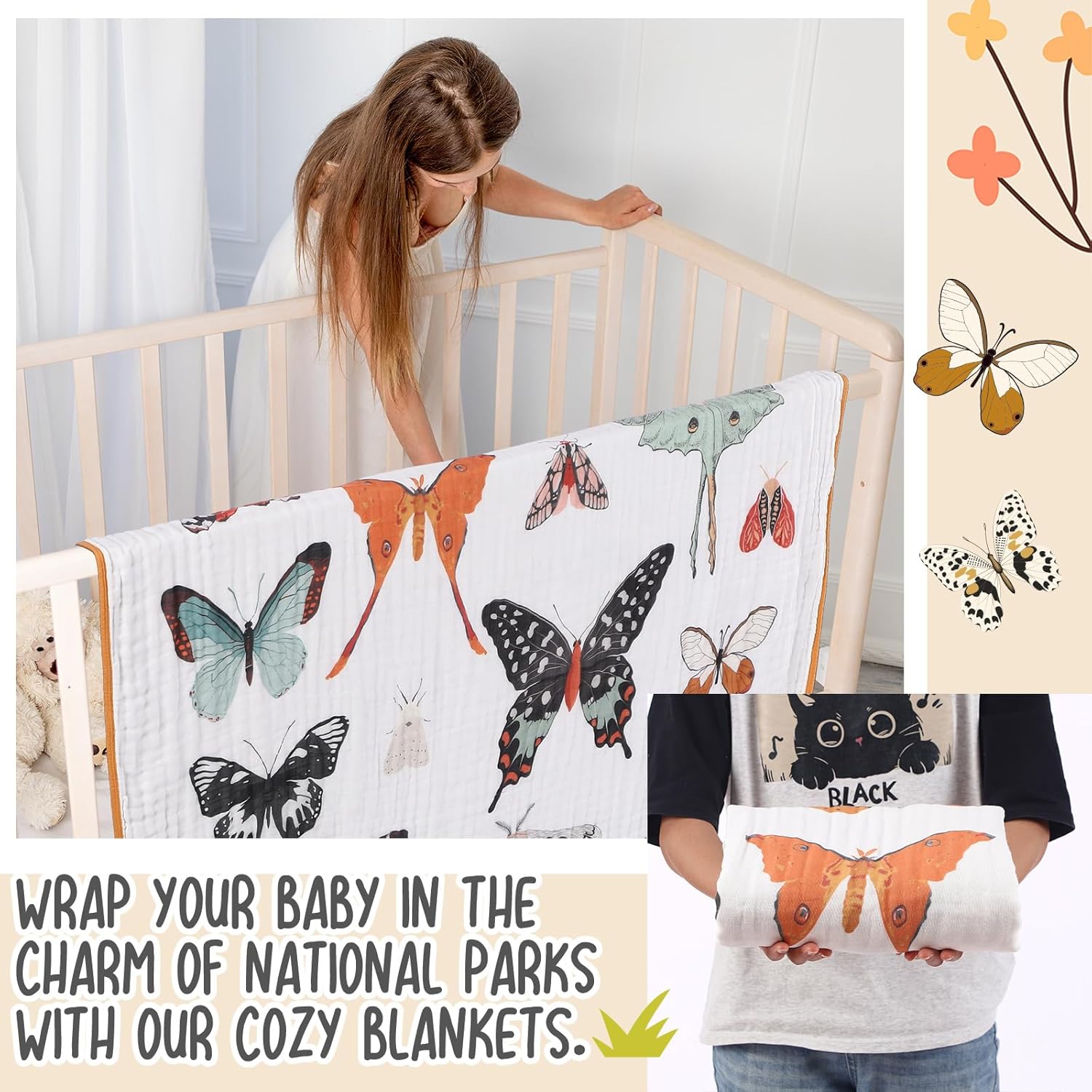 SmoothNovelty Butterfly Muslin Blanket 47 x 47 Inch Warm Soft Cotton Muslin Swaddle Blanket, Boho Nursery Swaddling Wrap Quilt for Girls Bedding Gift, Spring Summer Nap, Crib Bed Sofa Nursery Decor