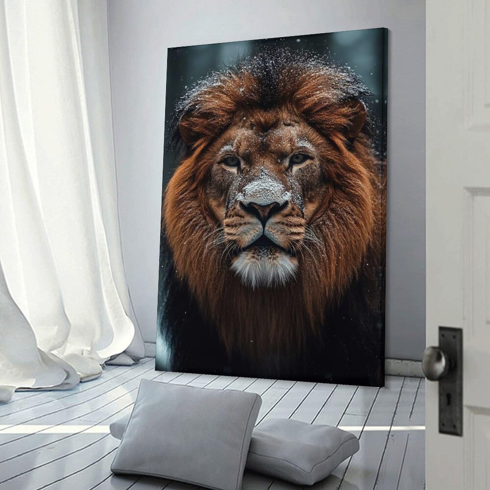 Junmoney Hanging Wall Art Lion Portrait in Winter, 16x24inch(40x60cm), for Wall Displays, Bedrooms Or Room Updates, Wall Decor Suited to Curated Displays