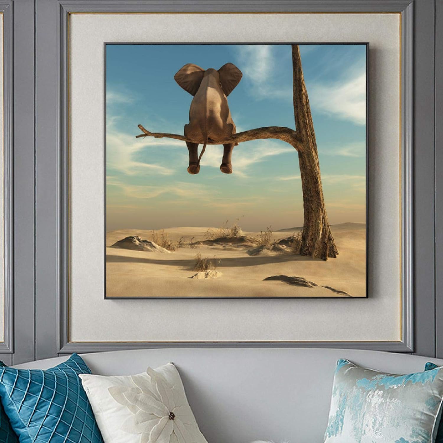 LSYALUCK Painting On Canvas Elephant Sitting On A Branch Home Decor Posters And Prints Wall Art Picture For Living Room Decoration 70x70cm(28x28in) Frameless