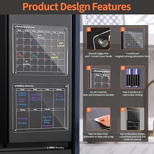 Miniatura 4 de Acrylic Magnetic Monthly and Weekly Calendar for Fridge,2 Set Clear Magnetic Dry Erase Board Calendar for Fridge, Reusable Planner Includes 6