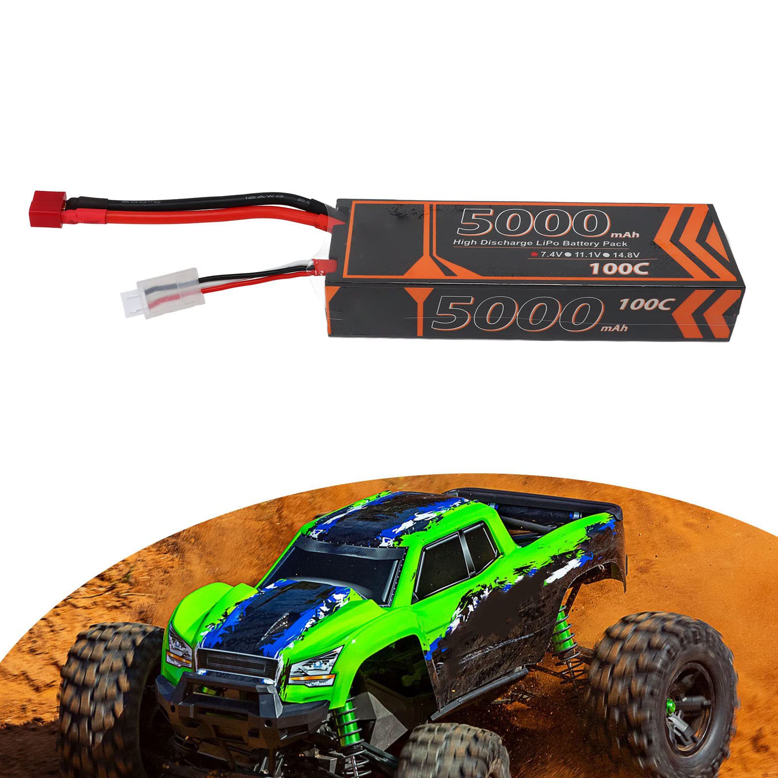 Kikumi Batteria Lipo Rigida 7.4V 5000mAh 2S 100C RC Lipo Batteria con Spina Rossa a Forma di T per Modello RC