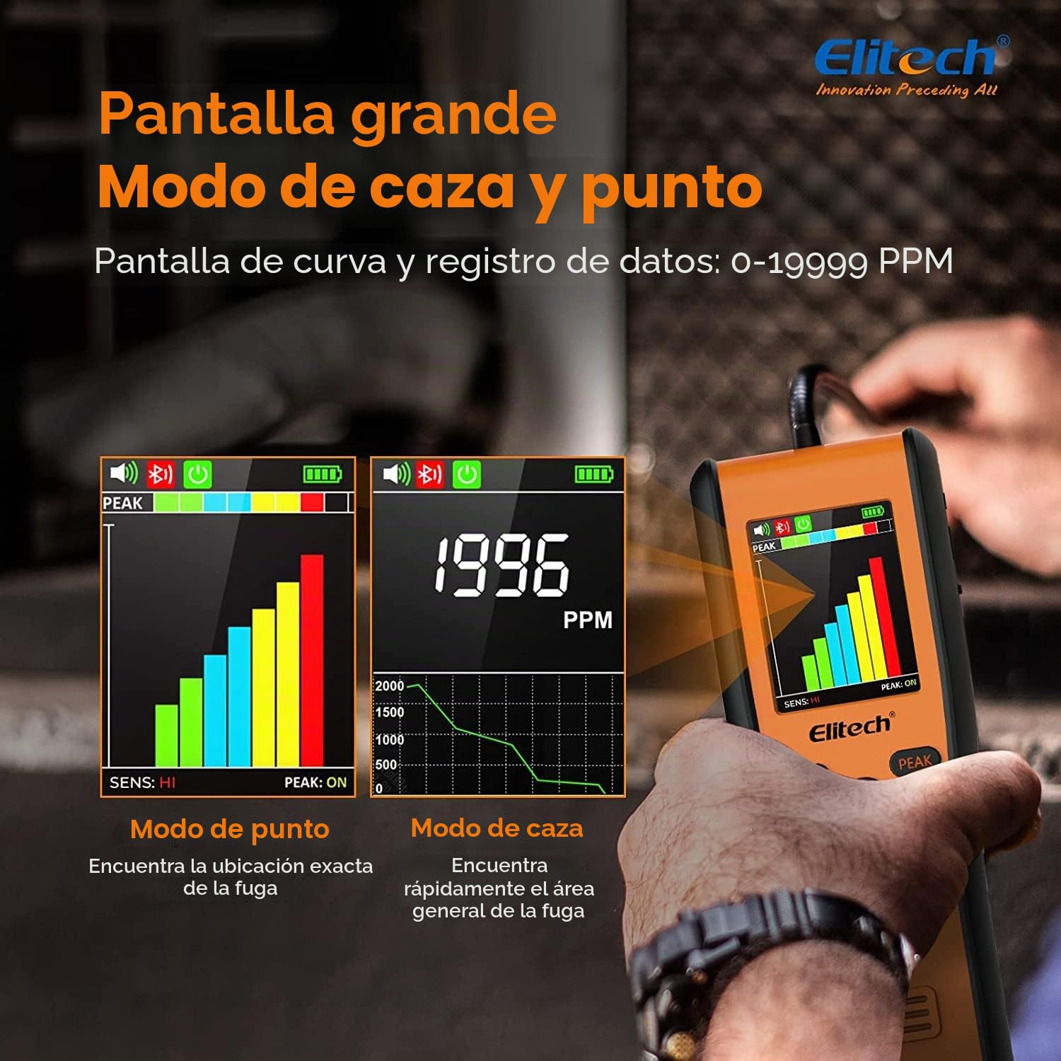Elitech Detector de Fugas de Gas Refrigerante por Infrarrojos PPM, Detector de Fugas HVAC con posicionamiento Fijo, Viene con función de aplicación y actualización OTA.