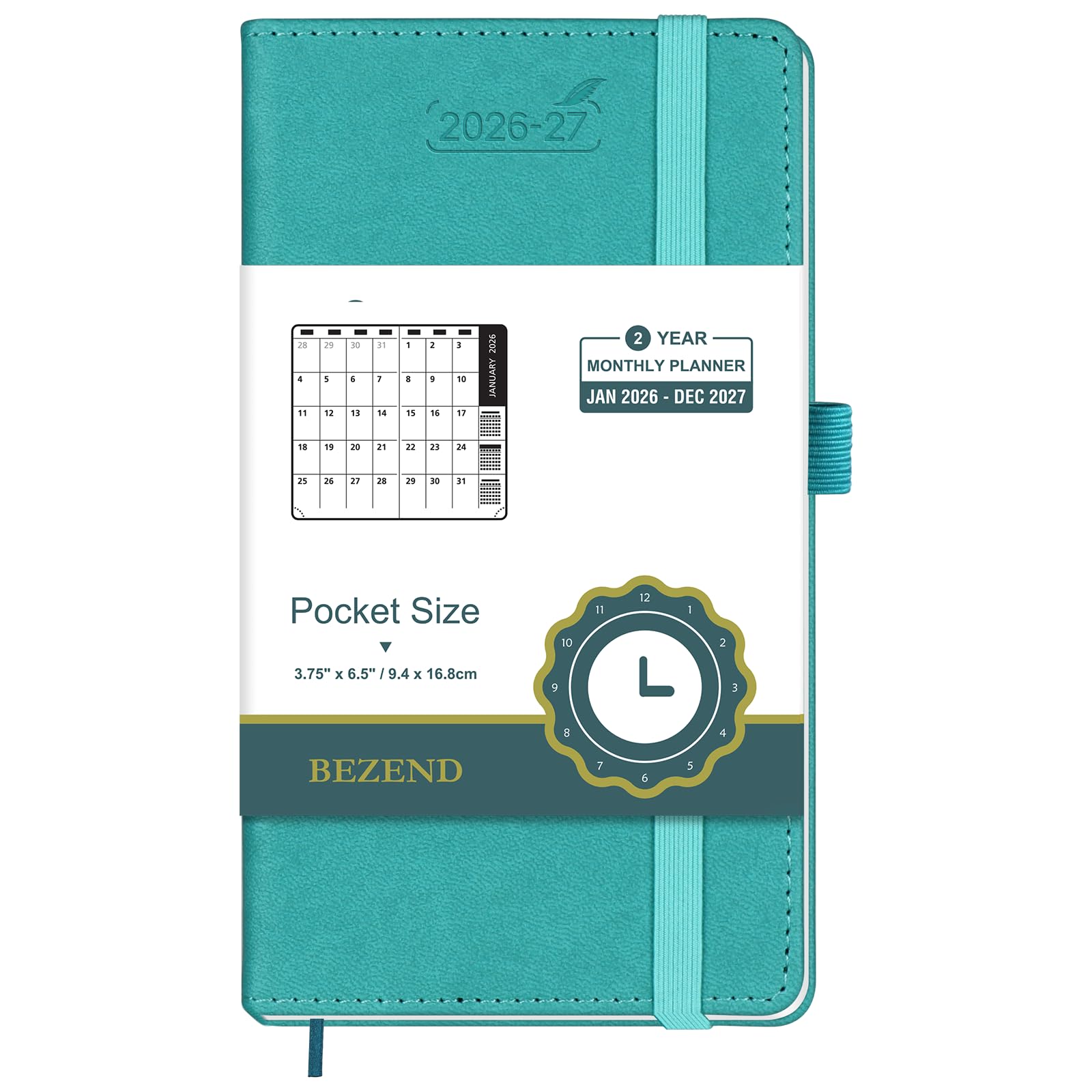 BEZEND 2 Year Month to View Pocket Diary 2026-2027 PU Leather Hardback, Slim Monthly Planner runs Janβ26 to Decβ27 with Back Pocket, 100 GSM Thick Paper - Small Size 16.5 x 9 cm, Turquoise