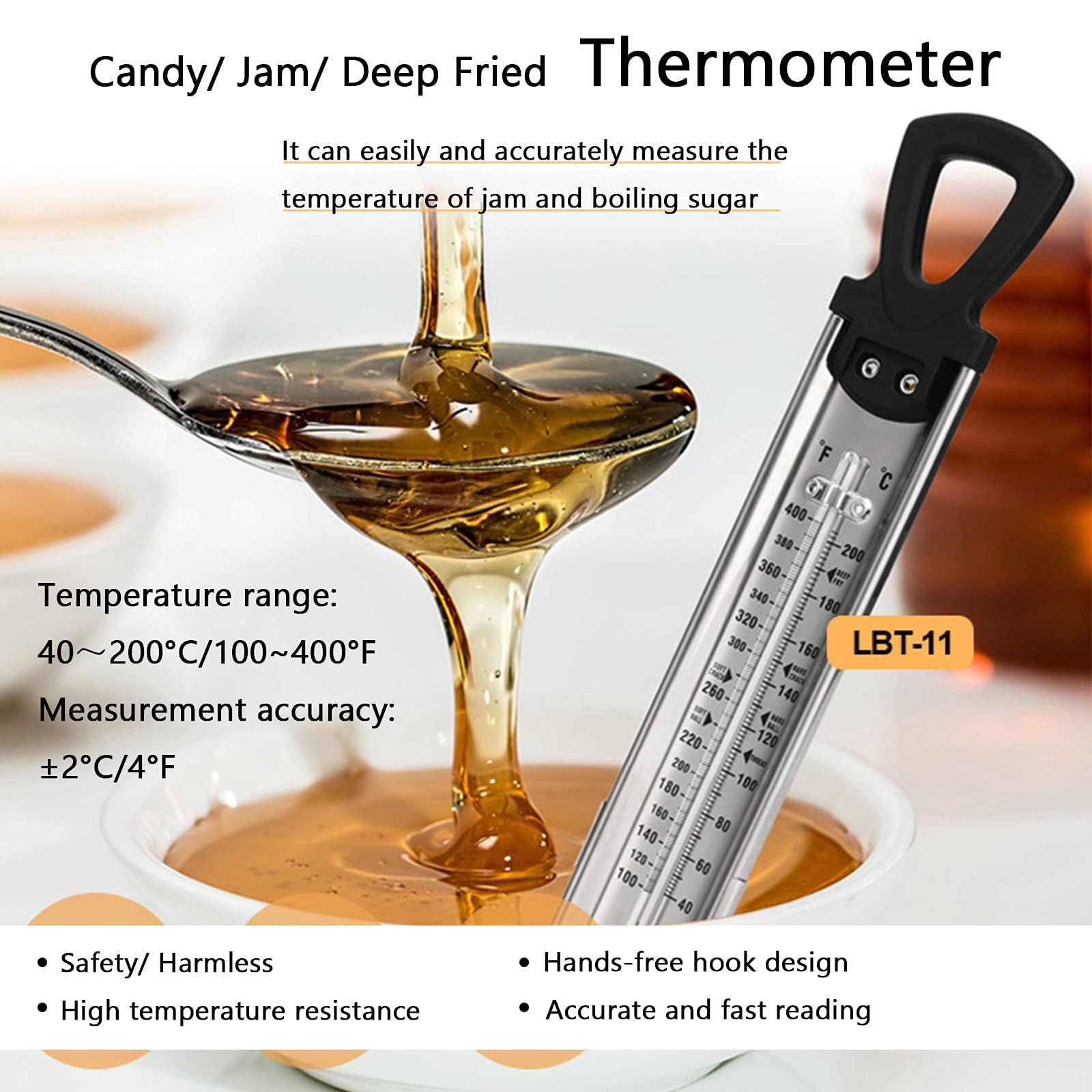 Stainless Steel Candy & Deep Fry Thermometer - 40-200°C With Hook & Pot Clip For Sugar Syrup-908010