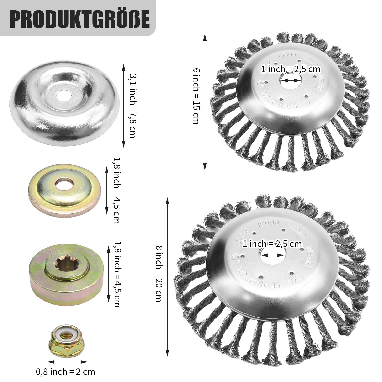 Hoypeyfiy 2 x Professionelle Unkrautbürste für Freischneider, 8 Zoll + 6 Zoll Edelstahl-Drahtbürste, 25,4 mm Kegel-Unkrautbürste mit 4 Adaptern für Unkraut und Moos