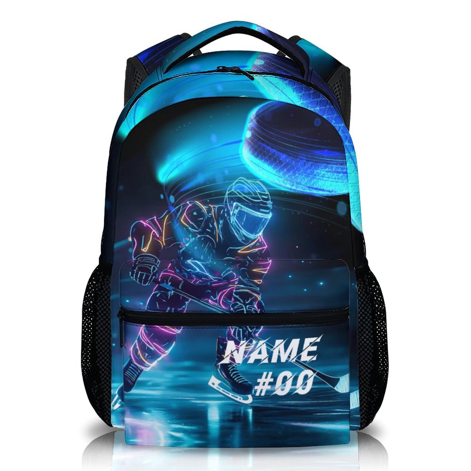 Wedinosaurnes Kids School Backpacks, Personalized Hockey Backpack, Custom Puck Schoolbag for Boys 6-8, Cool Ice Hockey Backpack, 17 Inch Student