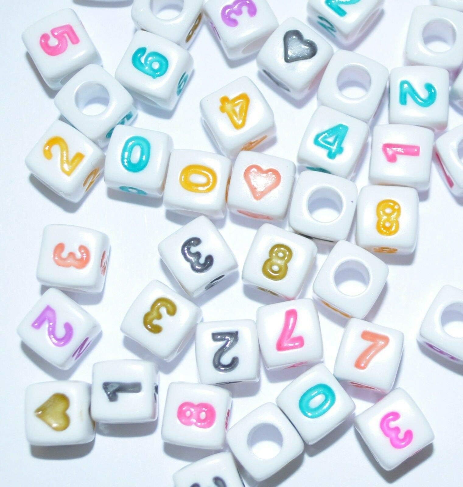 100 pcs Acrylic Number Beads, Cube, 7 mm (White Beads with Colorful Number)