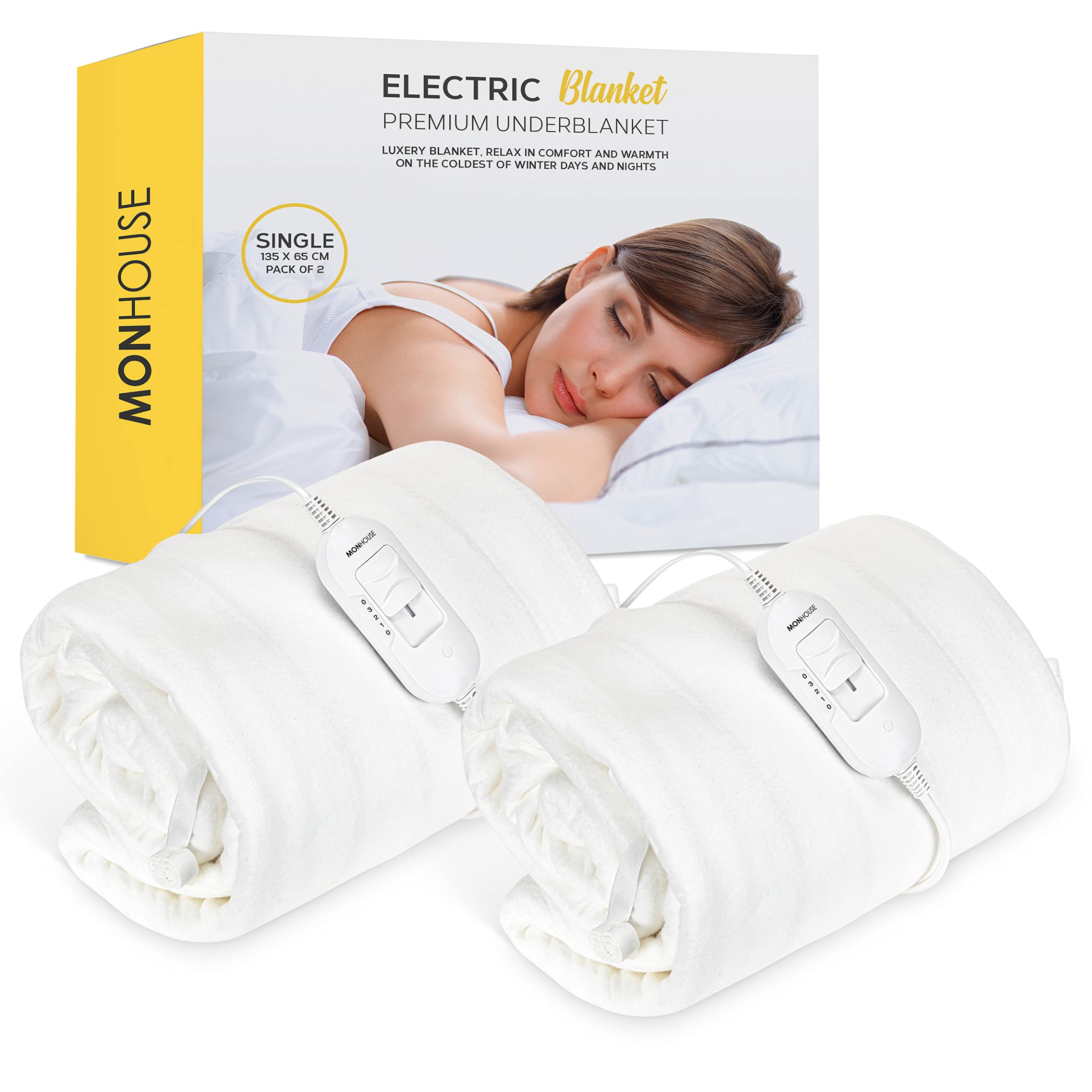 Monhouse White Premium Soft Fleece Electric Blanket - Heated Under Blanket - Fully Fitted Heated Mattress Cover - Detachable Controller & Machine Washable - 3 Heat Settings - Single 65X135cm