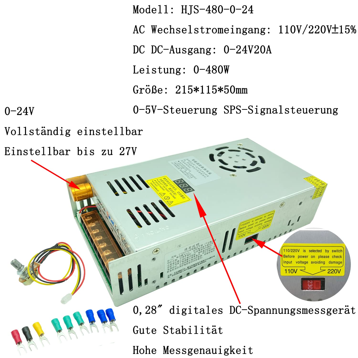 trasformatore AC-DC 0-24V regolabile 20A-480W tensione display digitale Alimentazione switching regolata DC Adatto per motori di controllo della velocità DC, sistemi di stampanti 3D