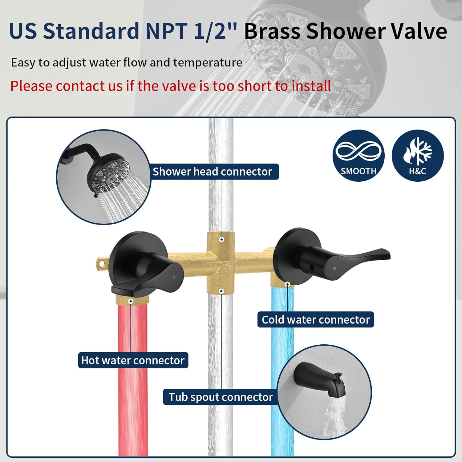 2 Handles Shower Faucet Set with Tub Spout Bathtub Shower Faucet Combo Set Shower System Complete Tub and Shower Trim Kit Wall Mounted Shower Fixtures Matte Black - Image 3