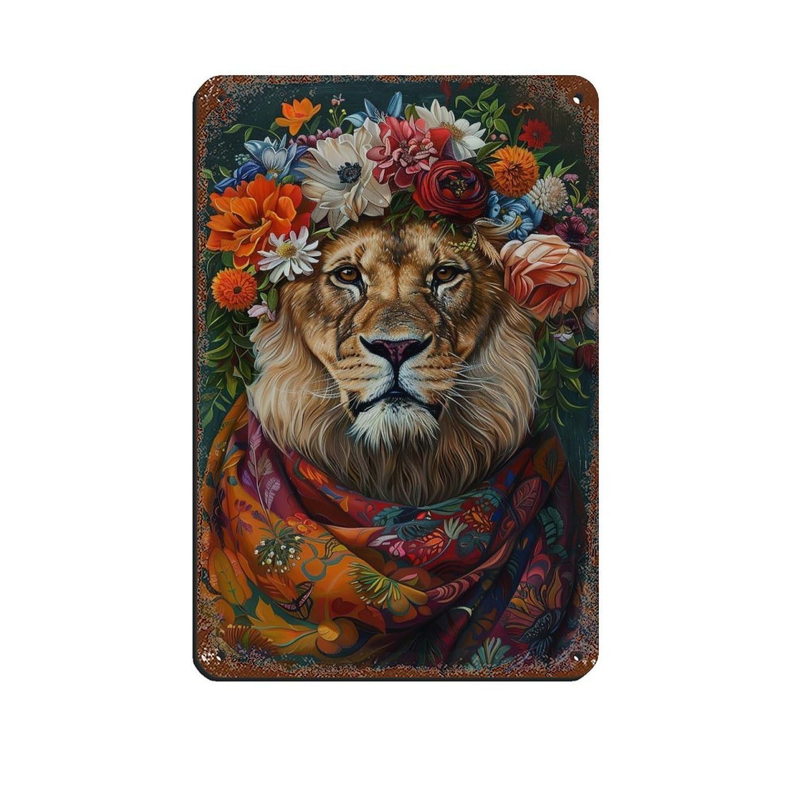 Vintage Maximalist Floral Lion Painting Poster Tin Sign Vintage Metal Pub Club Cafe Bar Home Wall Art Decoration Poster Retro 8x12inch(20x30cm)