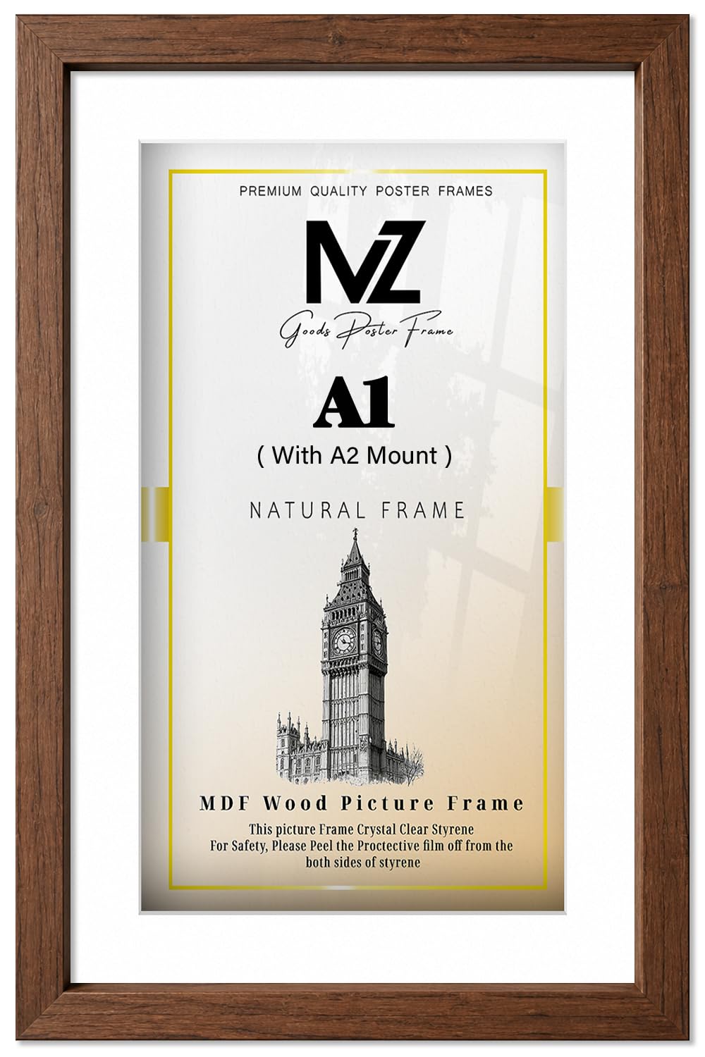MZ GOODS | MDF Stylish Home & Office Frame A1 (59.40 x 84.10 cm) with A2-(41.90 x 59.40 cm) White Mount Wall Mounted | 33X23 Inch Award, Painting, Photo, Poster Display [ Dark Oak ]