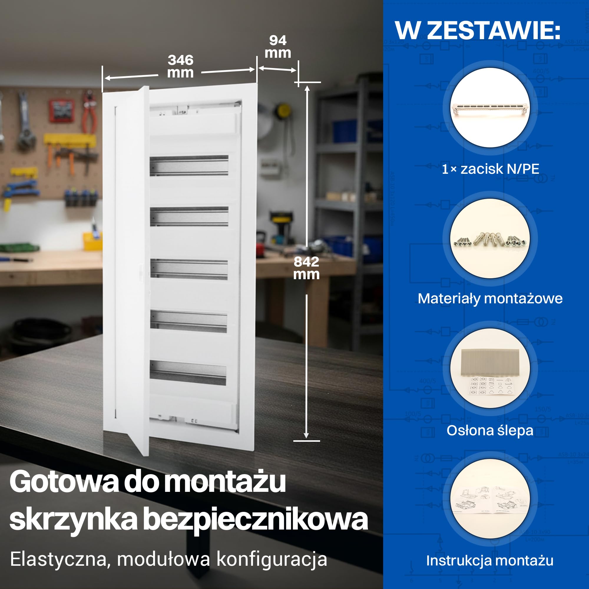 Intratec Rozdzielnica Podtynkowa 5-Rzędowa – Skrzynka Elektryczna IP40 na 60 Modułów z Białymi Drzwiami Metalowymi i Szyną DIN do Instalacji Wewnętrznych w Budynkach – 346 x 94 x 842mm