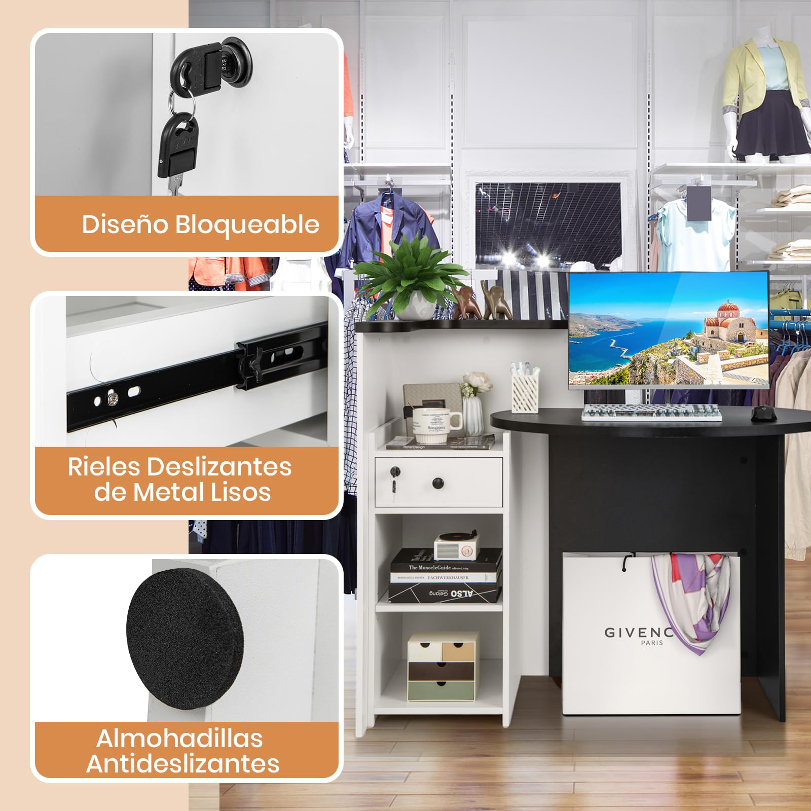 COSTWAY Escritorio de Recepción, Escritorio Ovalado de Mostrador con Cajón con Cerradura, Estante Ajustable, Mostrador Minorista para Caja, 120 x 70 x 100 cm, Mostradores Recepcion, Industrial (negro)