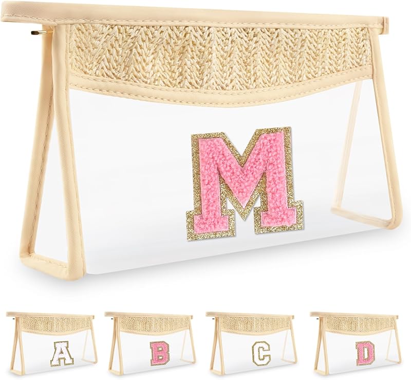 Necessaire de maquiagem UIXIZQ rosa com estampa de letra M, transparente, zíper e material de polietileno