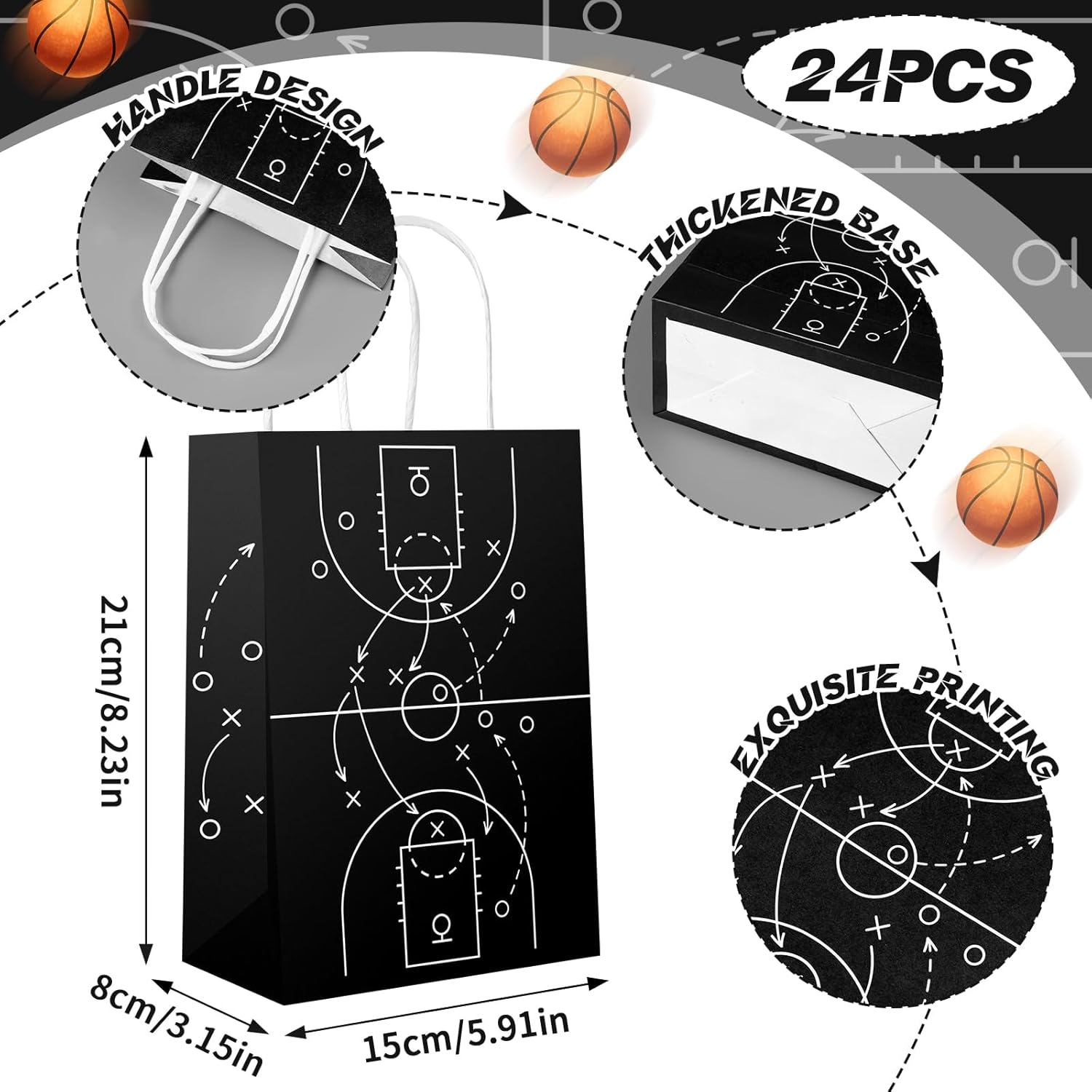 24 Pcs Basketball Paper Gift Bags with Handles 5.9 x 3.2 x 8.3 Inch Basketball Themed Party Favor Bags for Coaches Teams Sports Events Snacks Treat Storage Birthday Party Supplies - Image 2