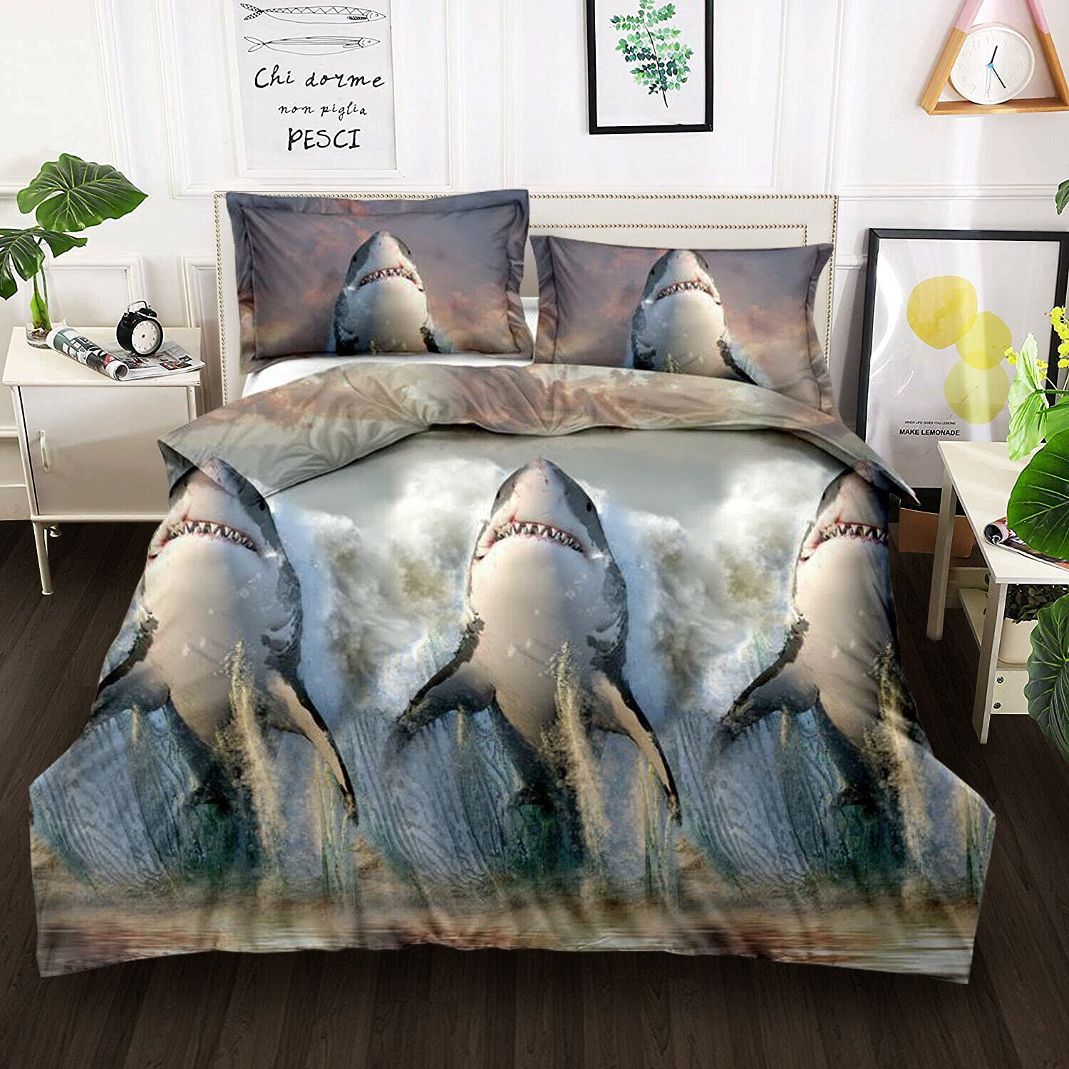 Thl Shark 318 4 Piece Complete Bedding Set 3D Effect Animal Printed Duvet Cover With Fitted Sheet Pillowcase (, Double)