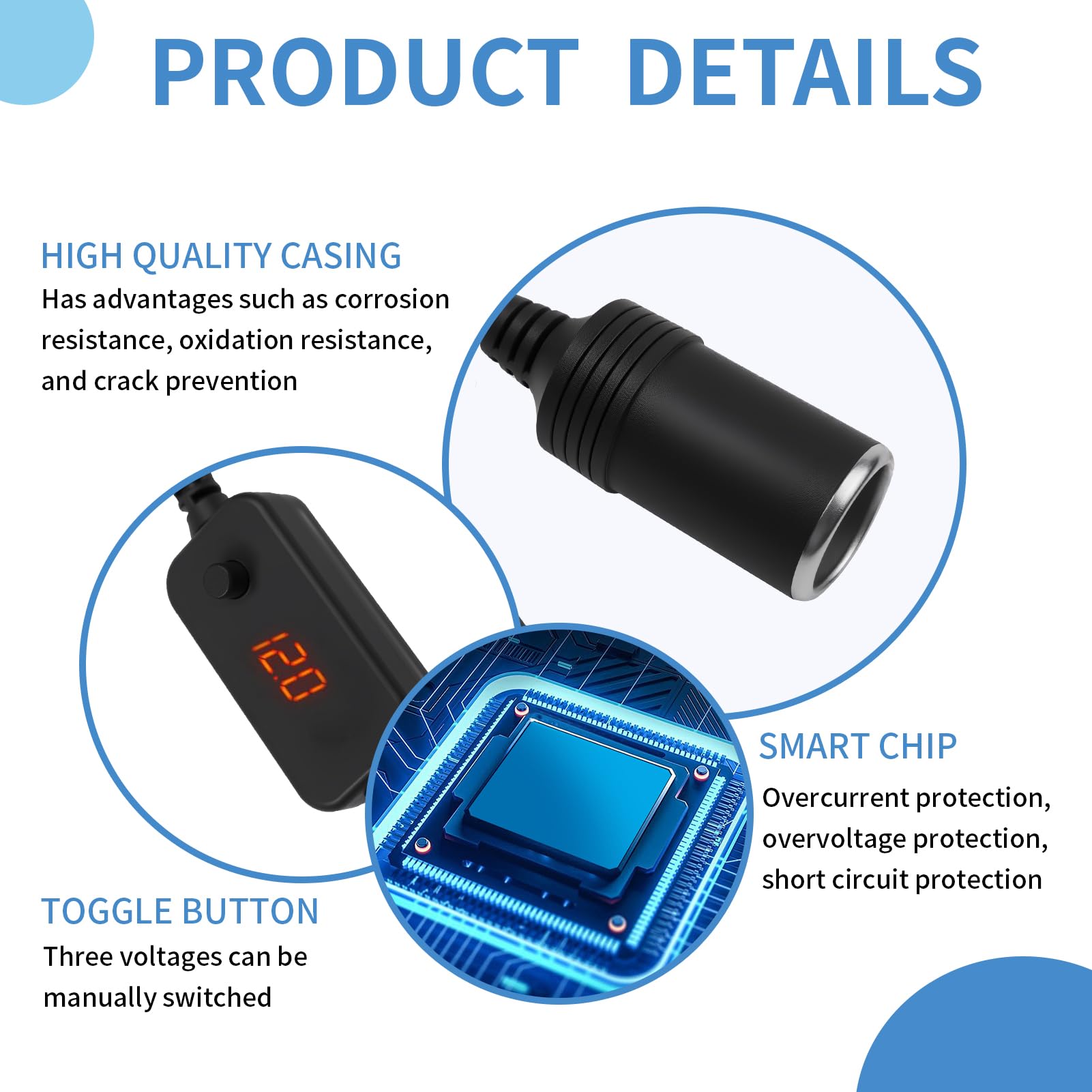 Spina USB C su presa accendisigari da 12 V, cavo adattatore con display voltmetro, tensione regolabile 5 V/9 V/12 V, protezione da cortocircuito e sovracorrente, adatto per GPS Dash Cam