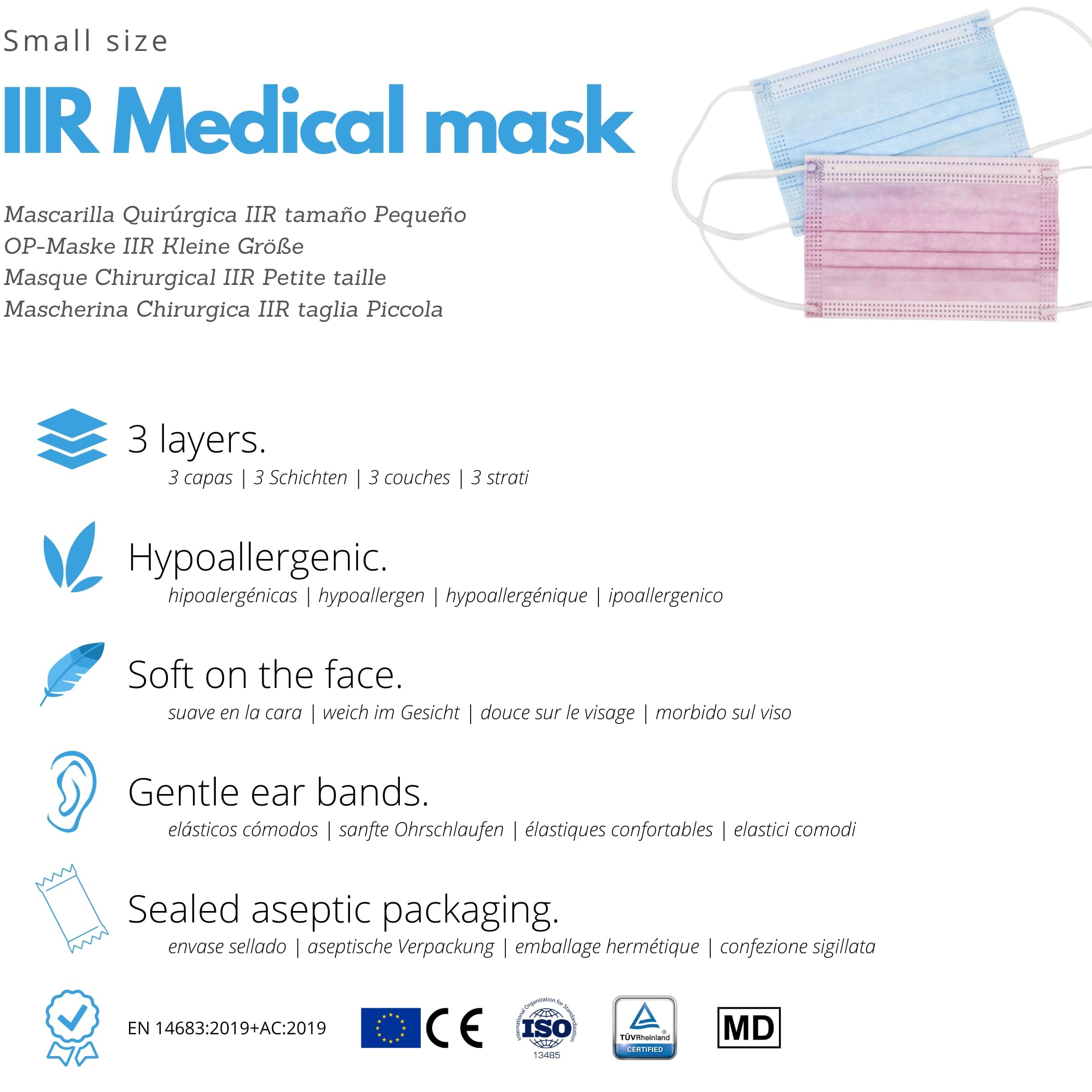 100 pcs. Masque Chirurgical IIR Petite Taille, Approuvé CE | 3 Couches, usage Médical, Protection Certifiée | Jetable - non Réutilisable, Couleur Bleu