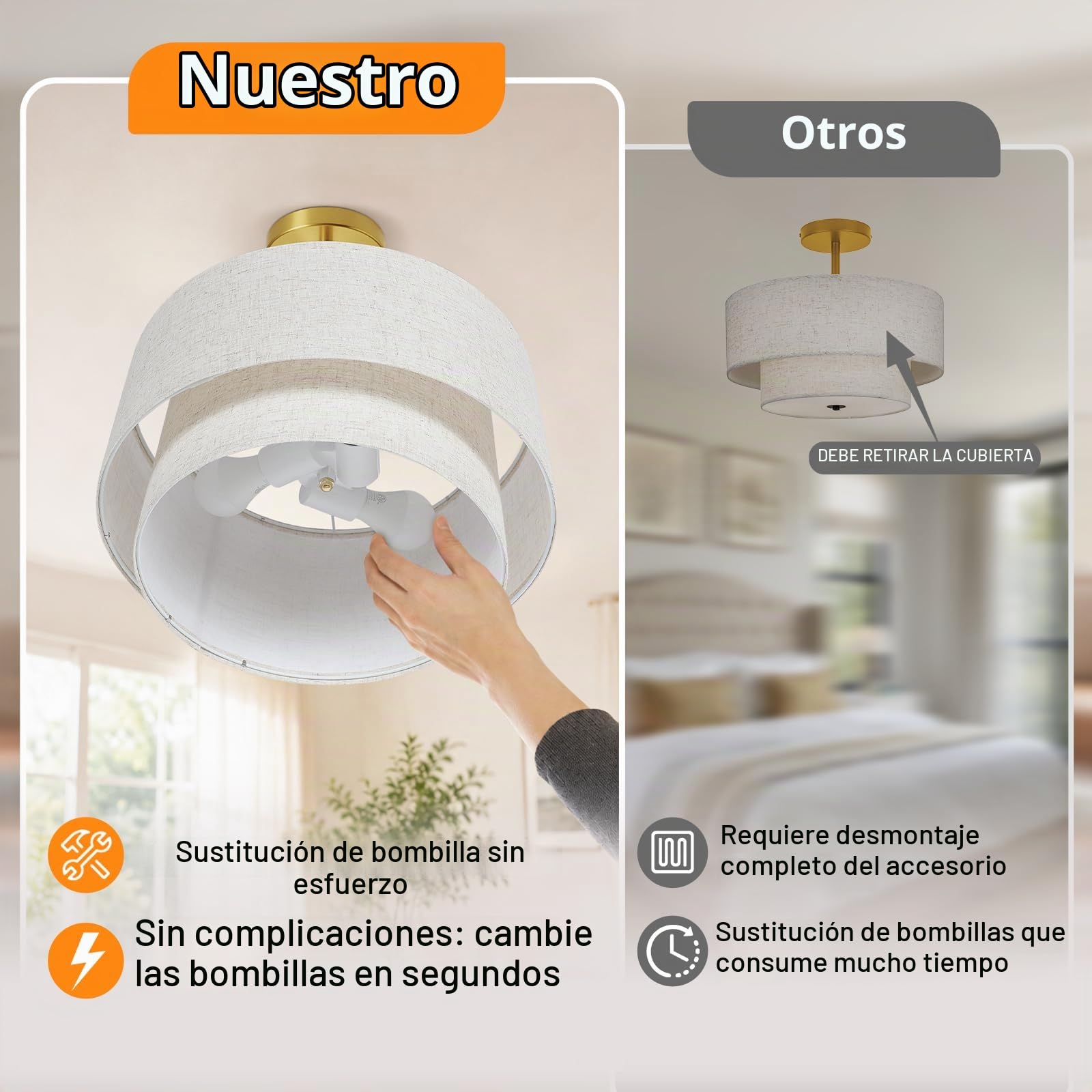 OUTON Plafón de Techo con Pantalla de Tela, 3 Luces, Dorado, Ø 40,6 cm | Doble pantalla de lino con difusor interior, 3 casquillos E27, compatible con bombillas regulables, para espacios interiores