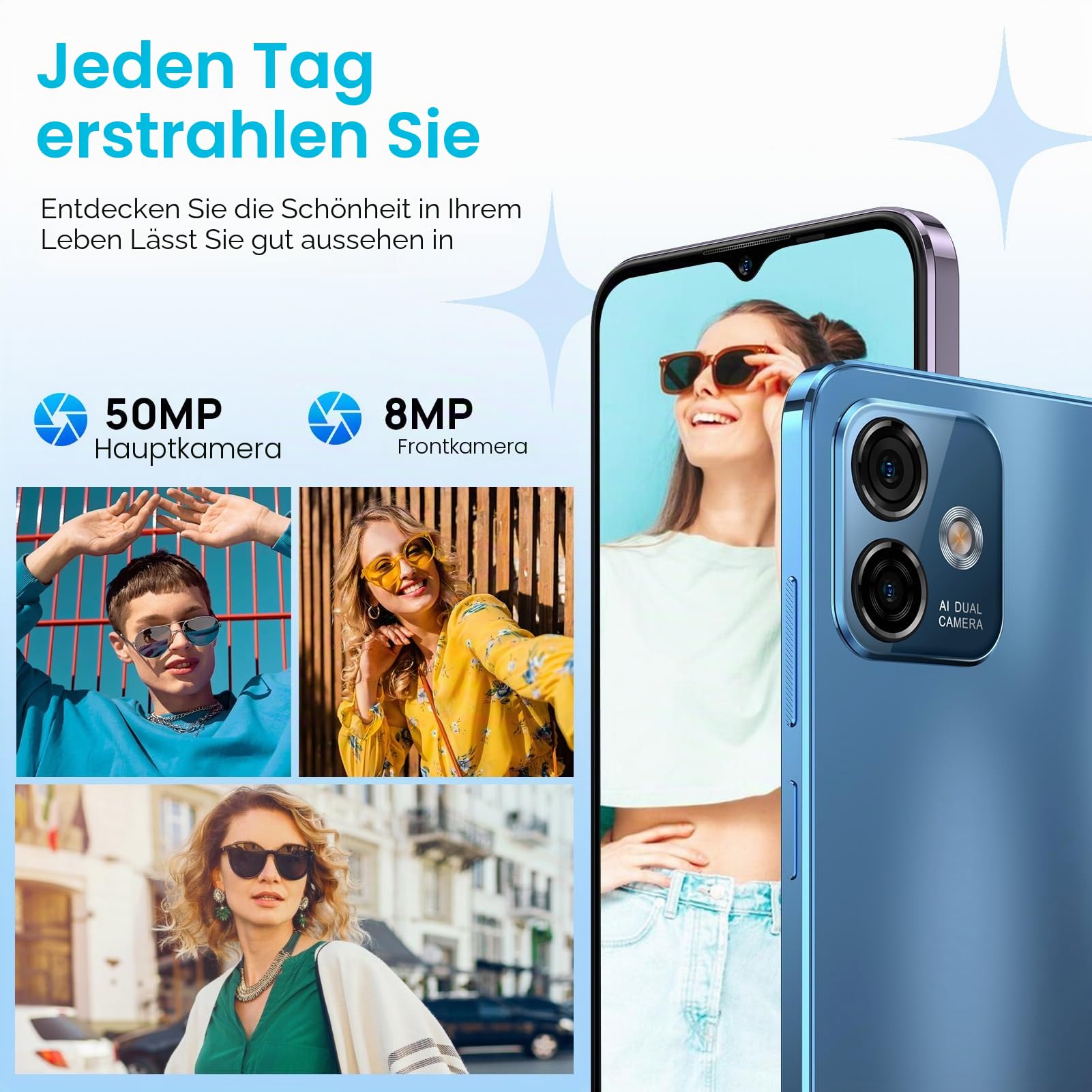 Ulefone Note 16 Pro Android 13 Handy, 12GB+128GB/SD-256GB, 6.52" HD+5G WiFi, 50MP+8MP Dual Kamera 4400mAh Smartphone, Dual SIM 4G Smartphone Ohne Vertrag, Face ID/GPS/OTG/Blau