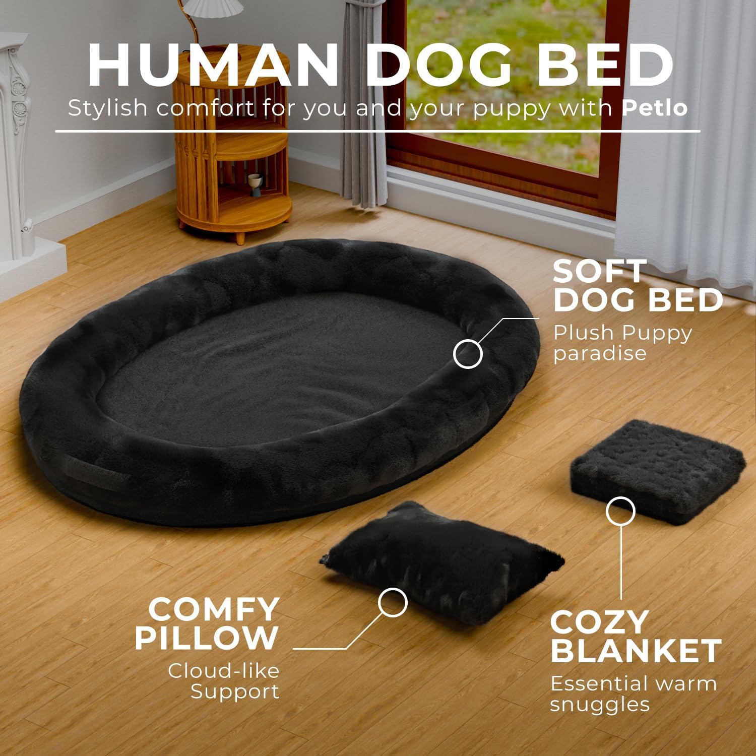 Petlo Human Dog Bed for Cozy Naps 72"x48"x11" - Washable Faux Fur Cover, Blanket and Pillow - Removable Memory Foam and Adjustable Strap Orthopedic Human Size Dog Bed for Adults & Large Dogs (Black)