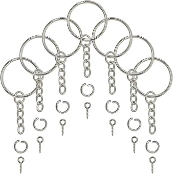 Split Key Ring with Chain, Open Jump Ring and Screw Eye Pins 1 Inch Key Chain Nickel Plated Silver 120pcs Bulk for Crafts
