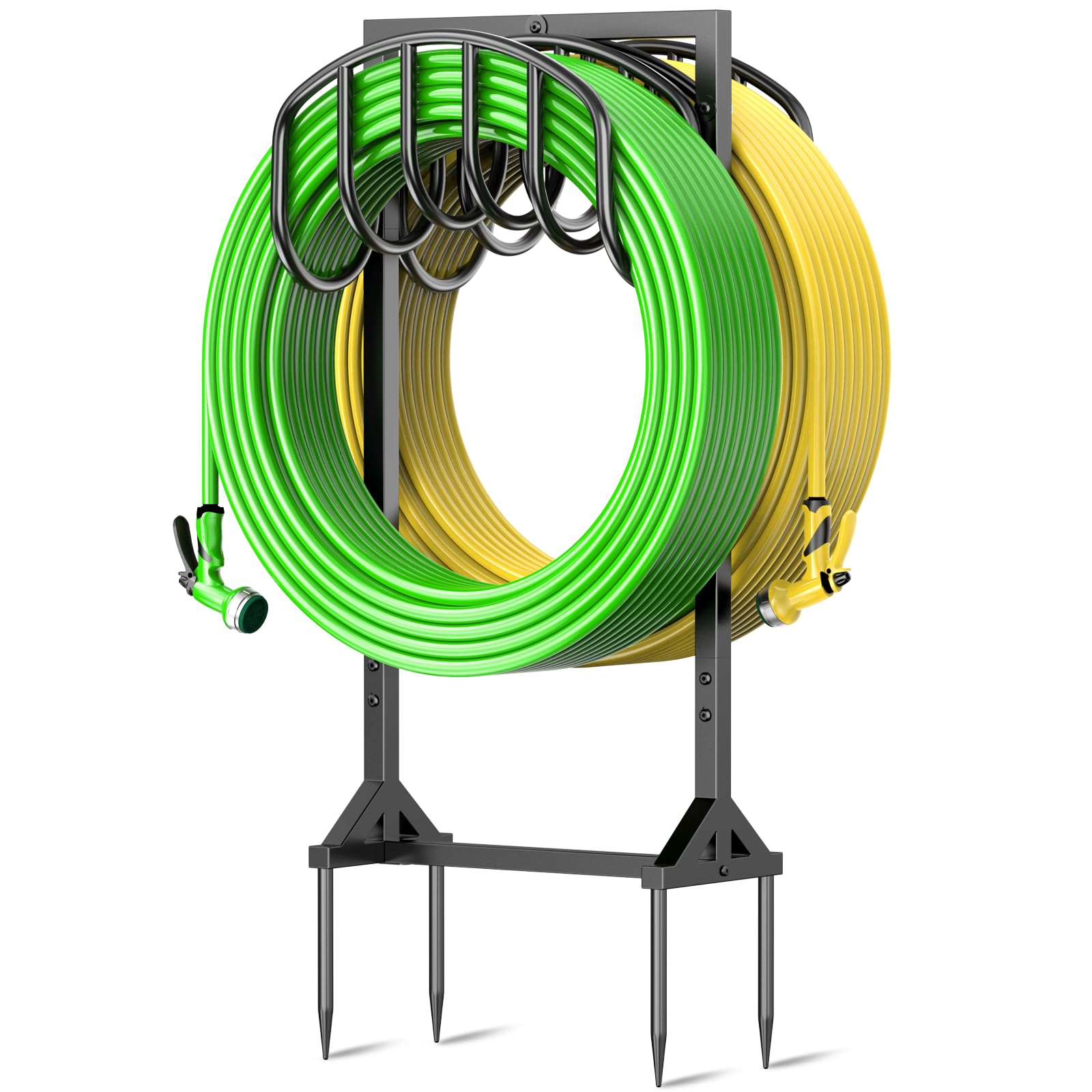 Garden Water Hose Holder Holds 2 * 150Ft Hoses, Heavy-Duty Metal Freestanding Hose Holder with 4 Spikes, Rustproof Garden Hose Reels Hose Hanger Storage for Outside, Yard, Lawn, Farm, Black