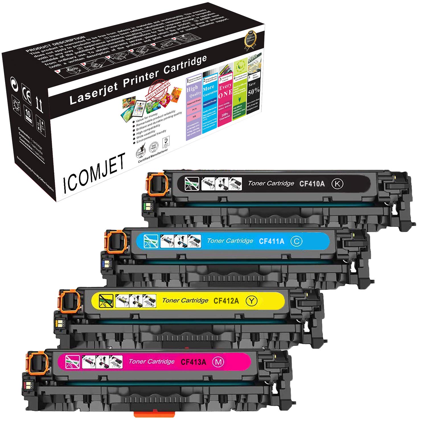 Compatible Toner Cartridge Replacement for HP 410A CF410A CF411A Work for HP Laserjet Pro M452dw M452nw M452dn M377dw MFP M477fdw M477fnw M477fdn Printer (Black Magenta Cyan Yellow)