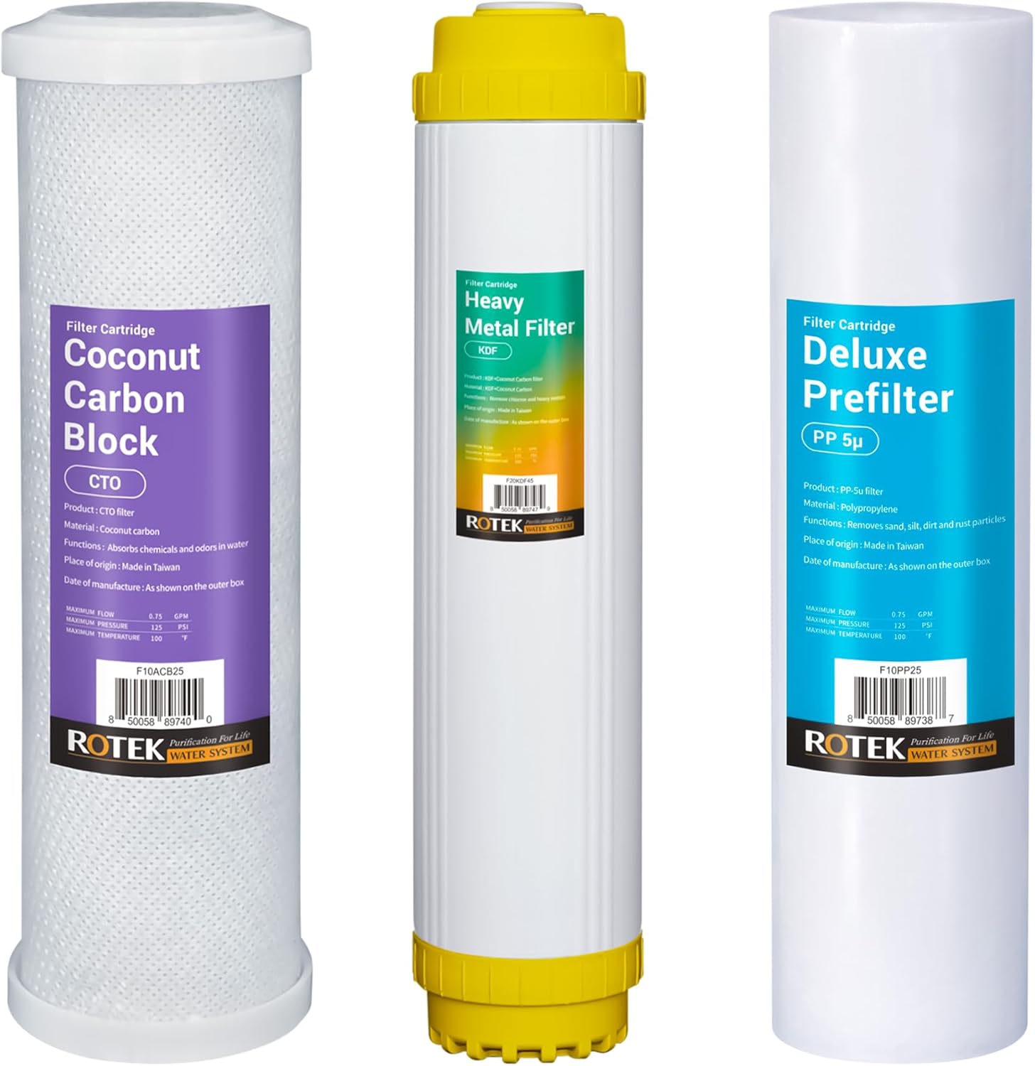 Rotek Water Systems Whole House Water Filtration Set | 3-Stage Water Filter System | 1SED, 1KDF, 1ACB | Clean Water | Sediment, Carbon Block, & Heavy Metal Filter | 1 Year Supply | 20 Inch product image