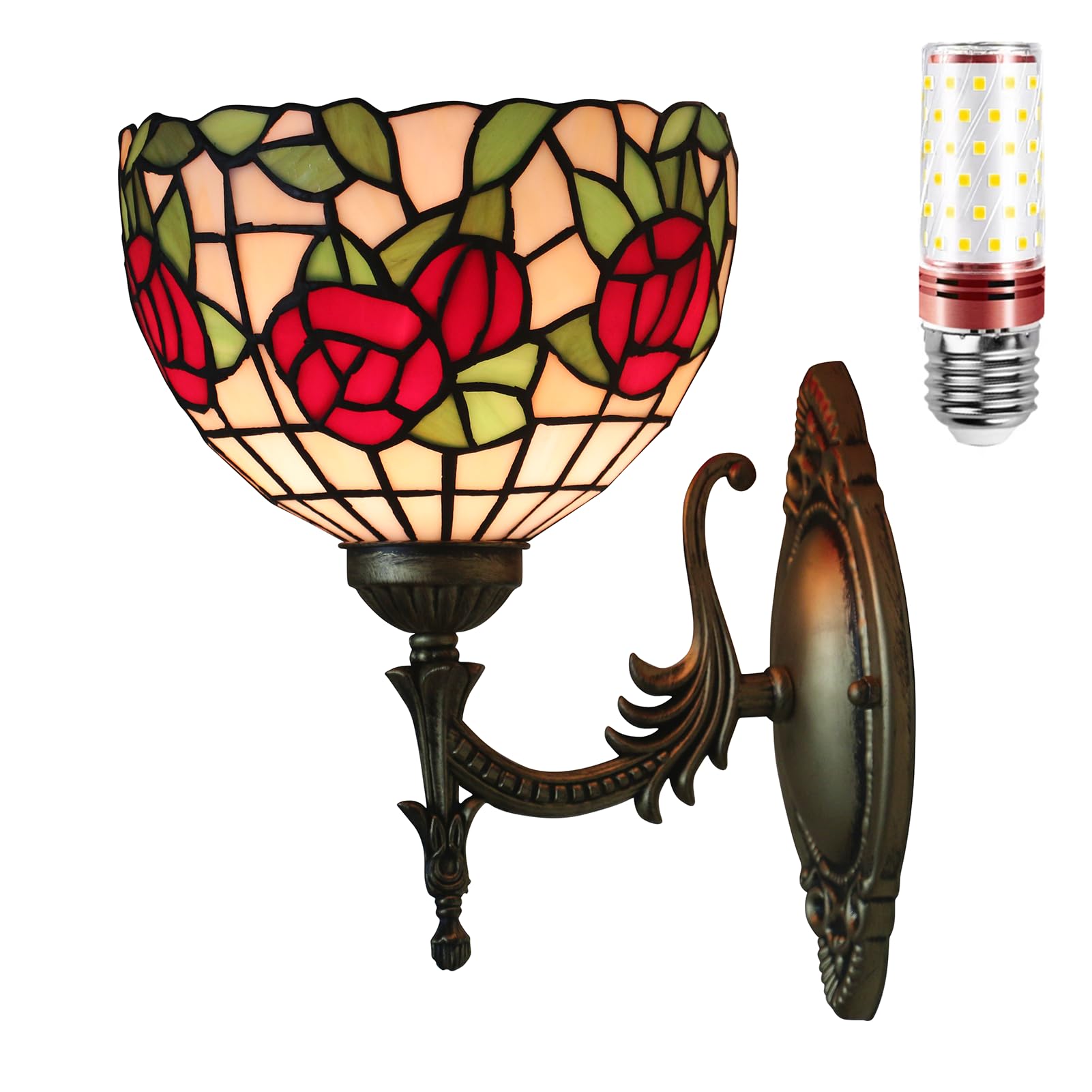 Aioneer Tiffany Stained Glass Wall Lamp With Light Bulb For Bedroom And Living Room-L