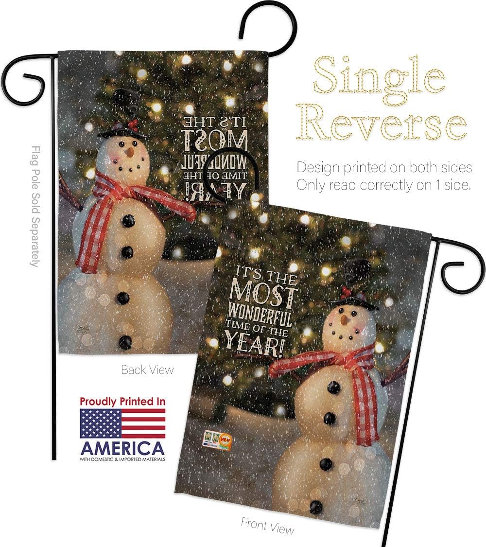 Most Wonderful Time Snowman Garden Flag Set Wall Holder Wintertime Winter Wonderland Snowflake Ice Skate Season Snow Small Decorative Gift Yard House Banner Made In USA 13 X 18.5