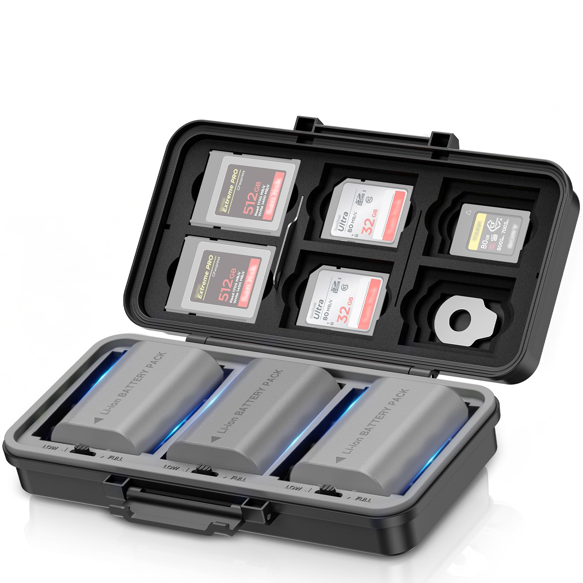 JJC Custodia per batteria 3 in 1 per schede di memoria CF Express tipo B/XQD x6 + CF Express tipo A x5 + SD x6, per Canon LP-E6 Nikon EN-EL15 Sony NP-FZ100 FUJI NPW235 x3 / batteria AA x6
