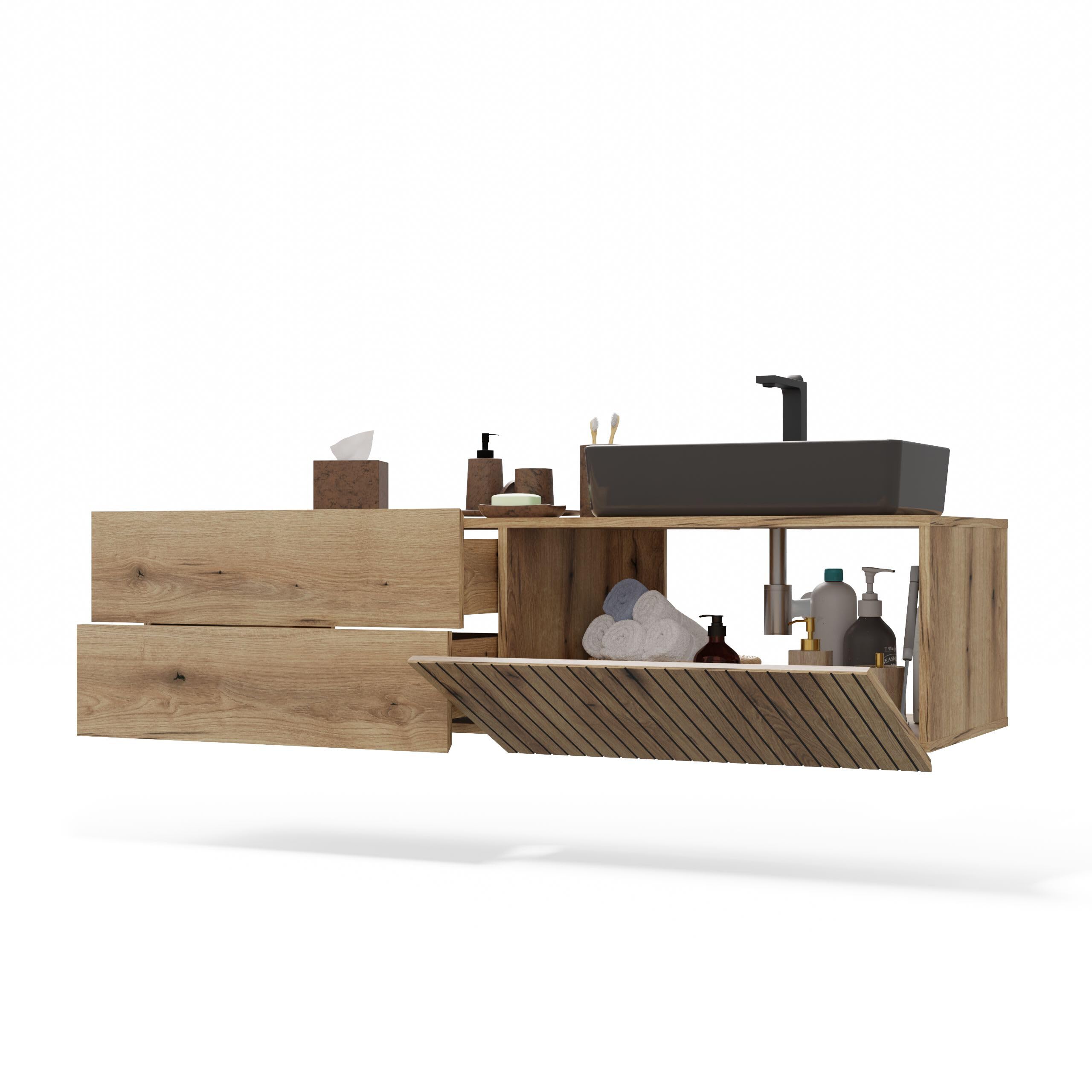ARREDO DA CASA Mobile Bagno Sospeso 140 cm, Mobile Lavabo per Bagno Moderno, Anta a Ribalta Cannettata, 2 Cassetti Soft Close, per Lavabo d’Appoggio, Rovere Antico MLBT3