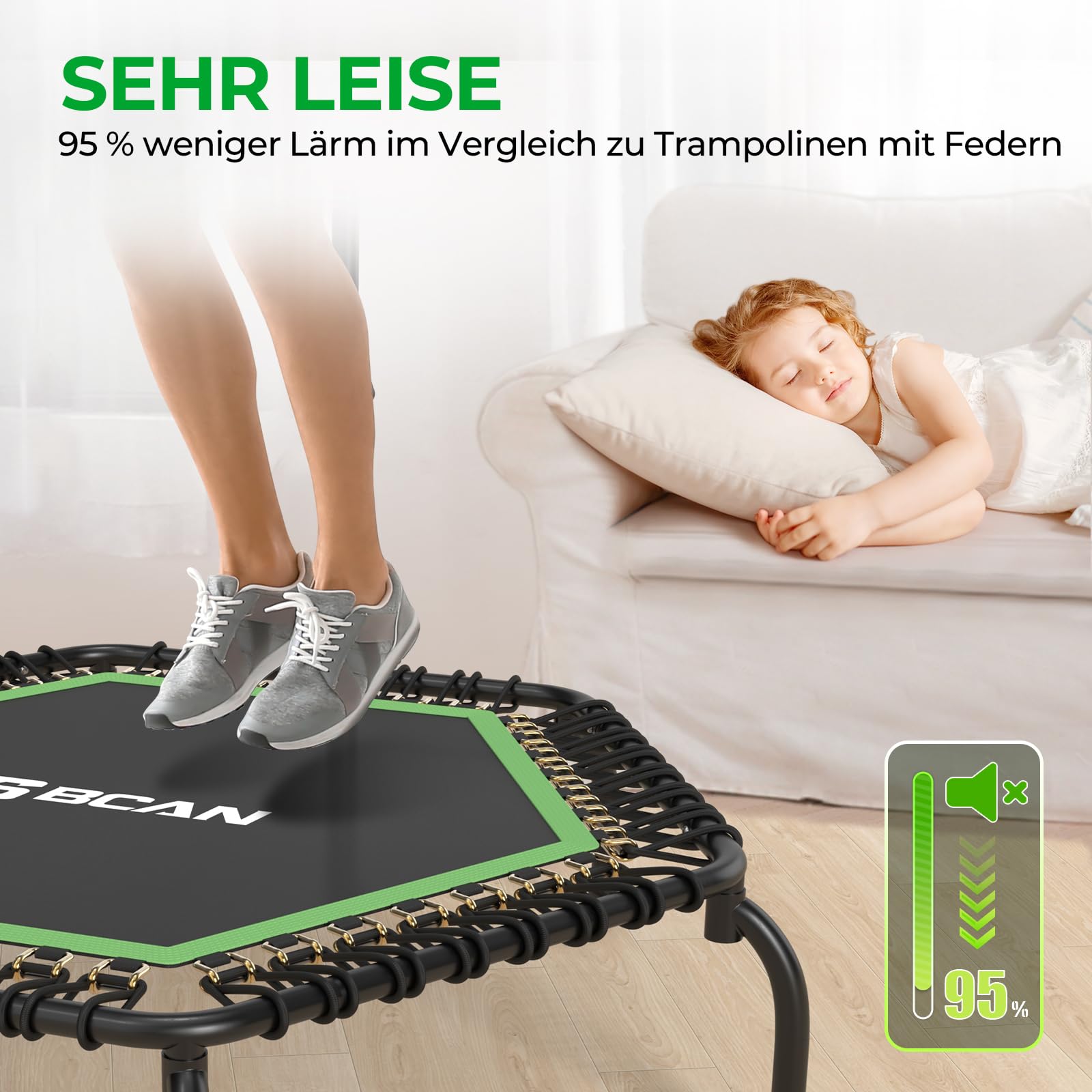 BCAN Fitness Trampolin Indoor Ø 122/130 cm, Trampolin Erwachsene bis 250 kg, Bodentrampolin mit verstellbarem T-Griff & 42 Gummiseilen, Leise & vibrationsarm
