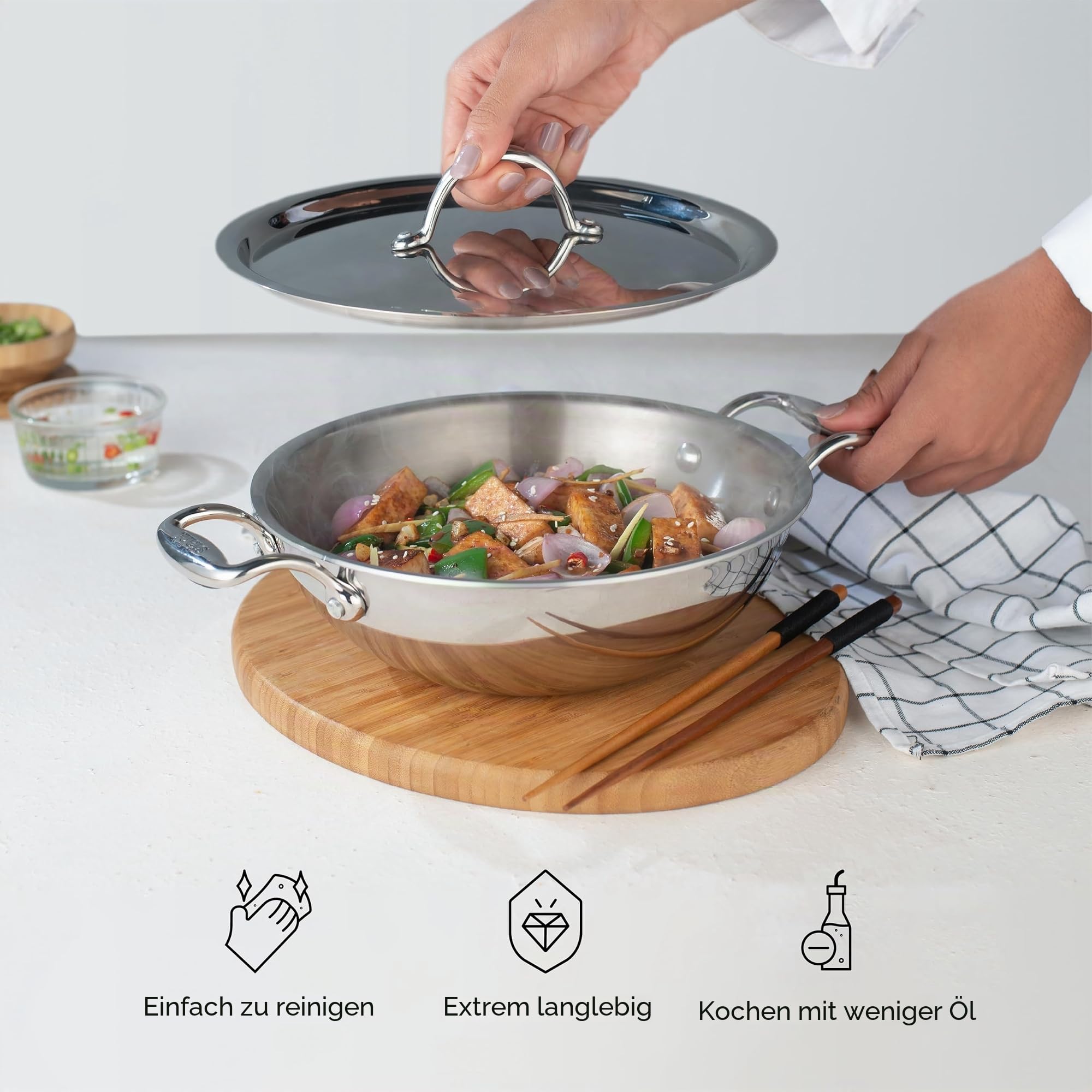 Stahl Edelstahl Triply Wok mit Deckel | Edelstahl-Kochgeschirr Triply Wok | Gas- & Induktionsboden | Ø 34 cm | 8 L (für 8-10 Personen)