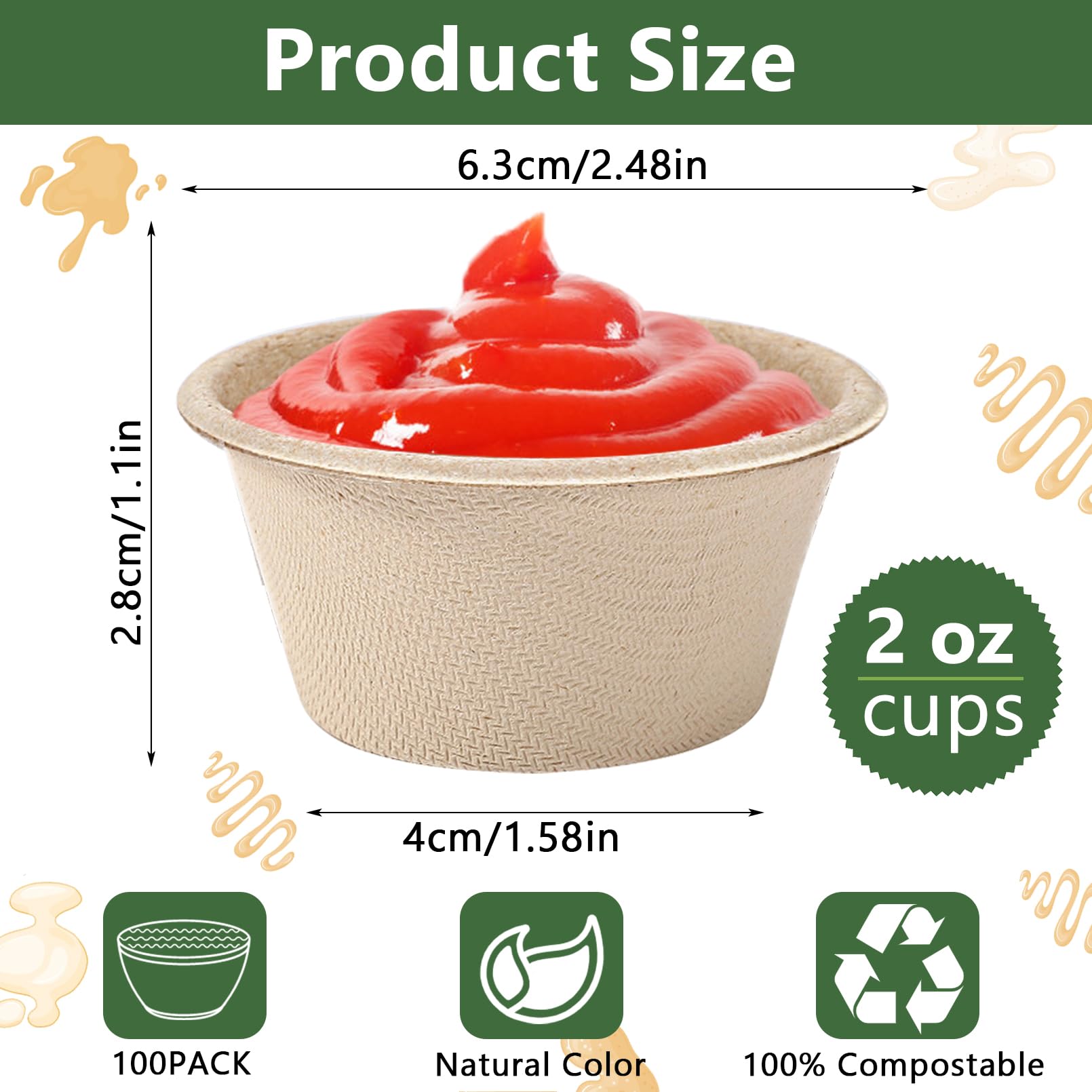 JEFHOMKIT 2 oz Compostable Portion Pack, Disposable Souffle Cups, Bagasse Fiber Condiment Cups for Condiments, Dips, Jams