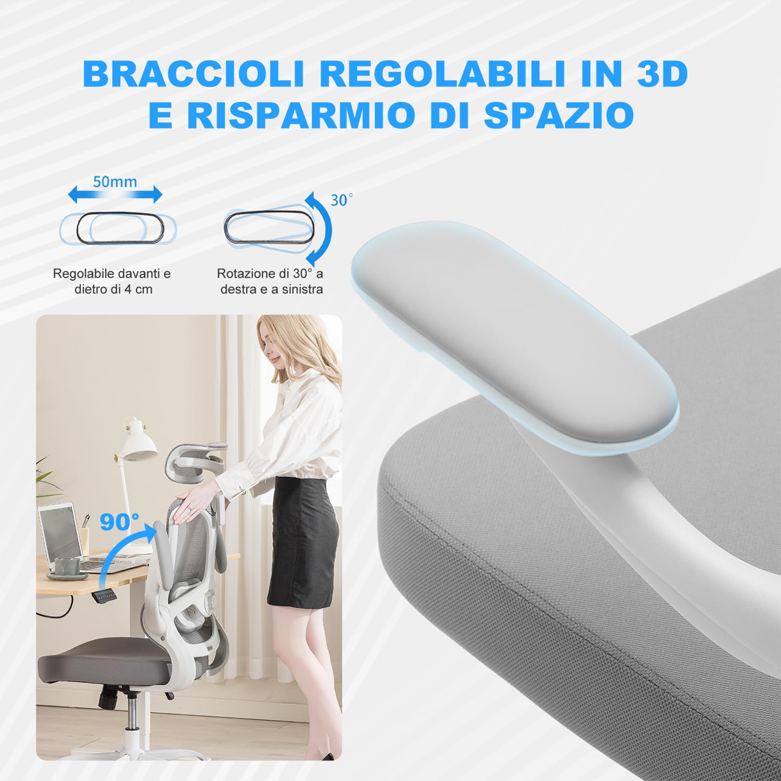 Magic Life Sedia da ufficio ergonomica,Sedia con poggiatesta 2D in rete con schienale alto, supporto lombare confortevole, braccioli regolabili (Bianco)