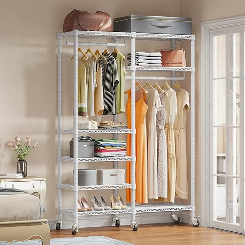 Miniatura 5 de VIPEK V14C - Perchero de ropa rodante de 6 niveles, resistente alambre ajustable, armarios portátiles con ruedas bloqueables, armario, estante de