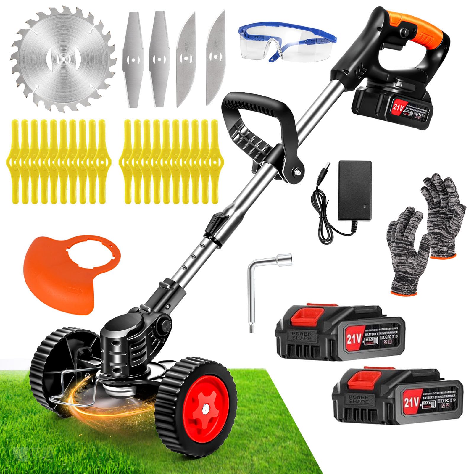 Débroussailleuse Électrique sans Fil 21V avec Batterie et 4 Lames, Coupe-Bordure pour Jardin et Pelouse