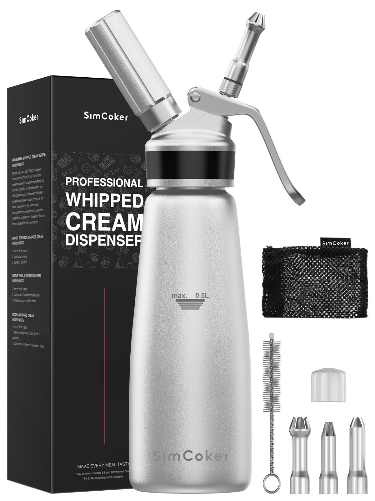 Whipped Cream Dispenser, Aluminum Cream Whipper 500mL/1 Pint,3 Stainless Culinary Decorating Nozzles, 1 Brush, 1 Storage Bag, Homemade Cream Maker, N2O Chargers Not Included,Silver