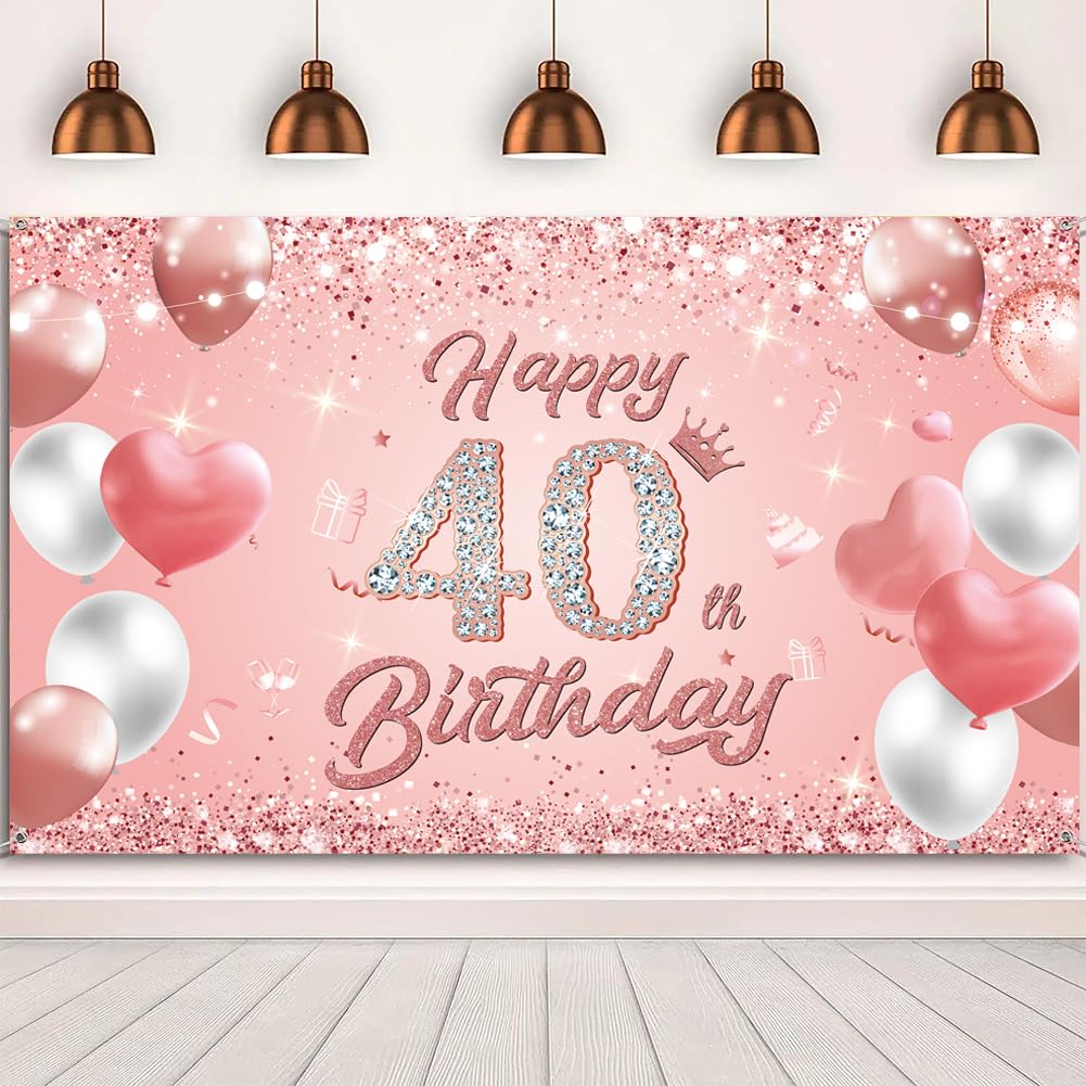 Happy 40th Birthday Banner Rose Gold 1.1 x 1.8m Happy Birthday Banner Backdrop 40th birthday Decorations for Girls Women, 40 Years Old Anniversary Party Supplies