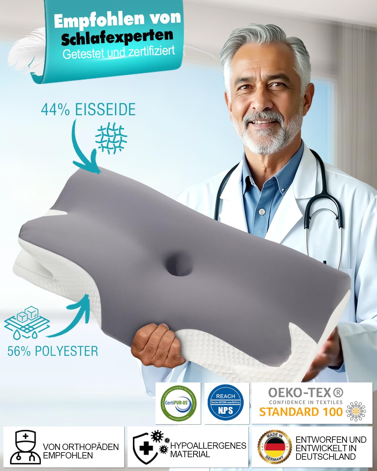 Nackenkissen Kopfkissen Nackenschmerzen, Ergonomisches Memory Foam Nackenstützkissen, Orthopädische Kissen Gegen Nackenschmerzen, Schlafkissen für Seitenschläfer Rücken & Bauchschläfer 65x40x11/14cm
