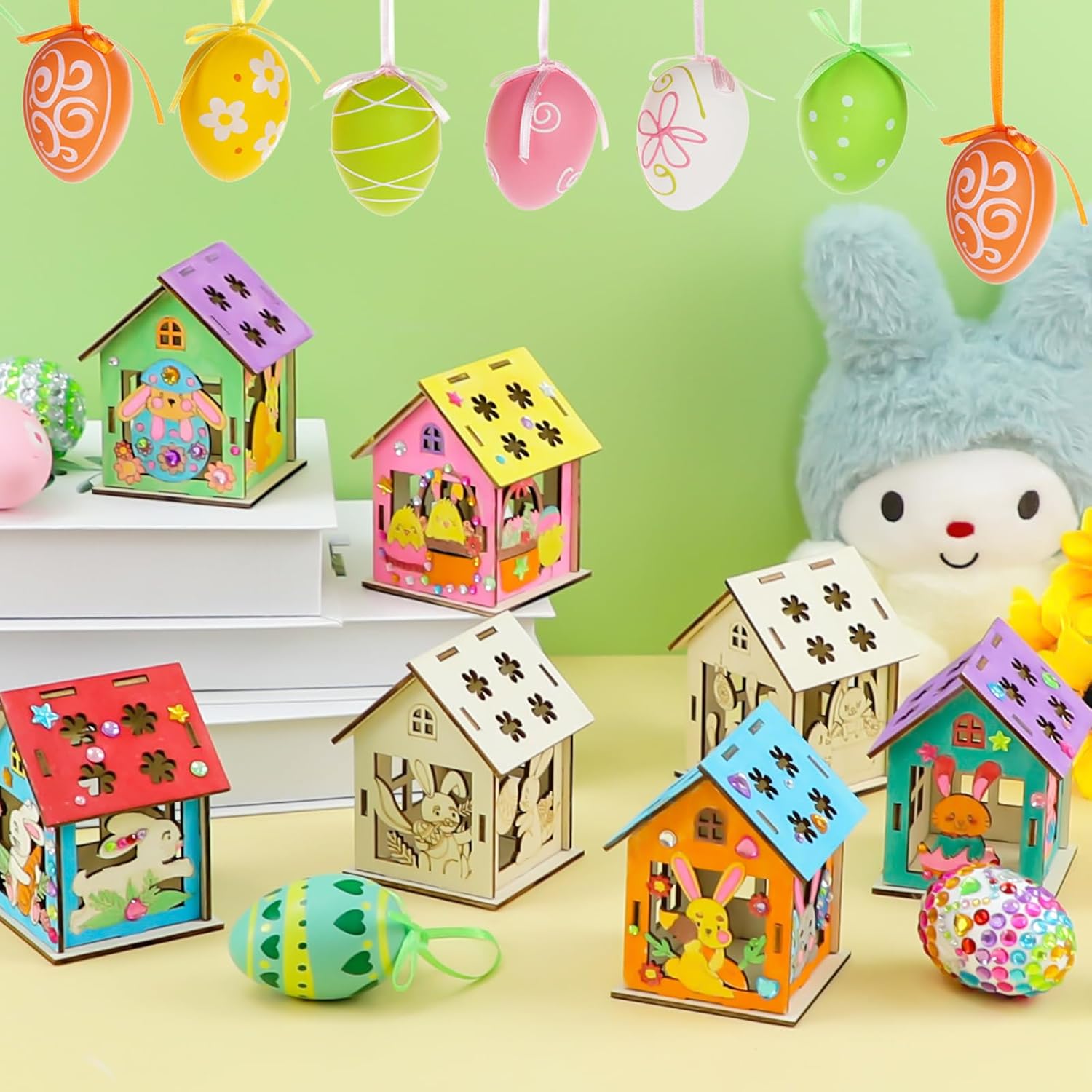 8Pcs Easter Crafts Wooden House with 12 Paint, Easter Arts and Crafts for Boys Girls Ages 3 4 5 6 7 8 12 Years Old, Adults DIY Easter Painting Crafts Kit Activities Bulk Supplies with Easter Egg Bunny