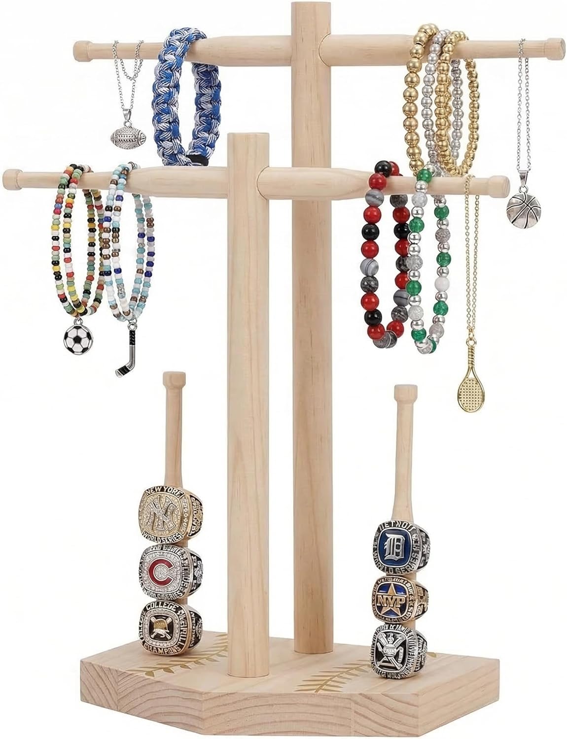 Premium Wooden Baseball & Softball Drip Necklace Organizer Holder — Championship Ring Display Stand with Rotatable Design for Jewelry & Memorabilia (Wood)